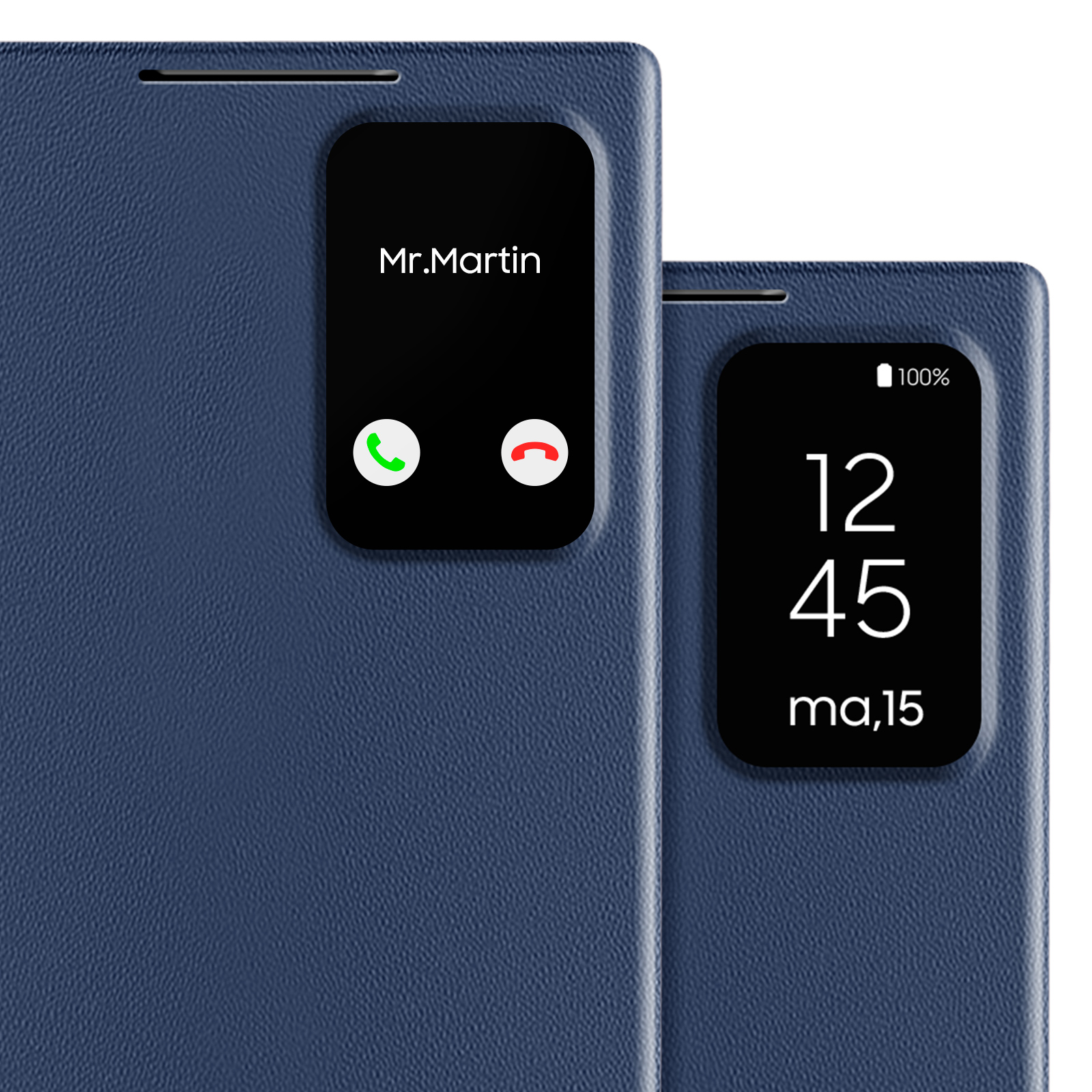 Primer plano de una funda azul que muestra una llamada entrante y una pantalla de hora.