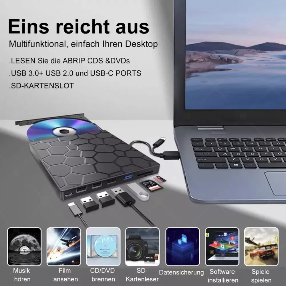 Ein Gerät mit CD/DVD-Steckplatz und USB-Anschlüssen. Es ist mit einem Laptop verbunden. Das Bild zeigt Verwendungen.