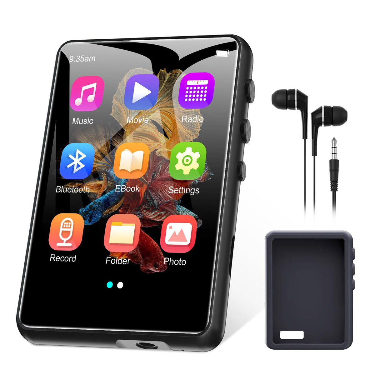 Ein schwarzer MP3-Player mit Bildschirm, verschiedenen Symbolen und Ohrhörern.
