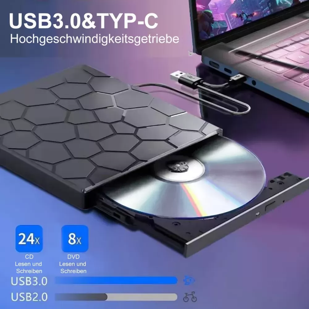 Schwarzer USB 3.0 und TYPE-C DVD-Brenner mit eingelegter Disc, an einen Laptop angeschlossen. USB 3.0 und 2.0.