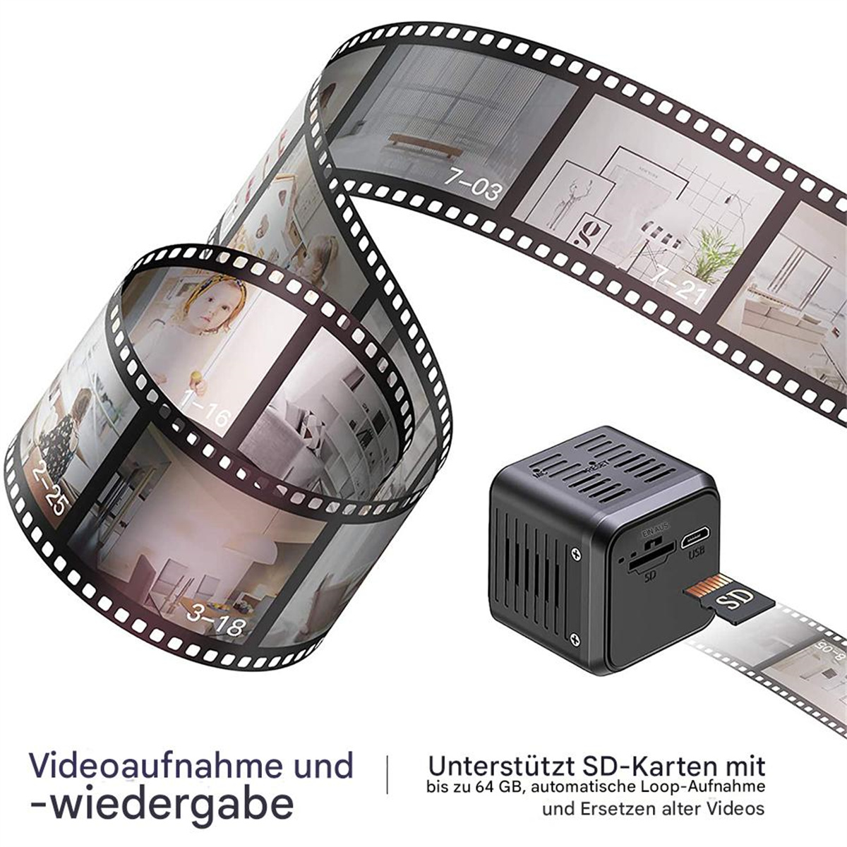 Filmstreifen mit Bildern, kleine schwarze Kamera und Text. SD-Karte in der Kamera.