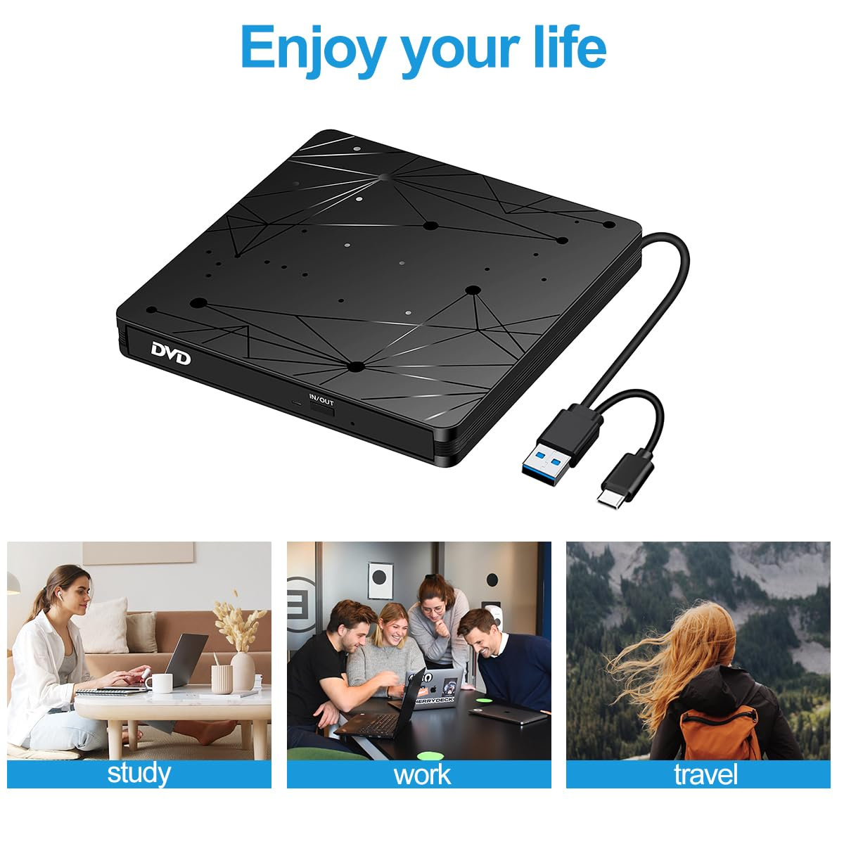 Ein schwarzer DVD-Player mit USB-Kabel und Bildern von Menschen beim Studieren, Arbeiten und Reisen.
