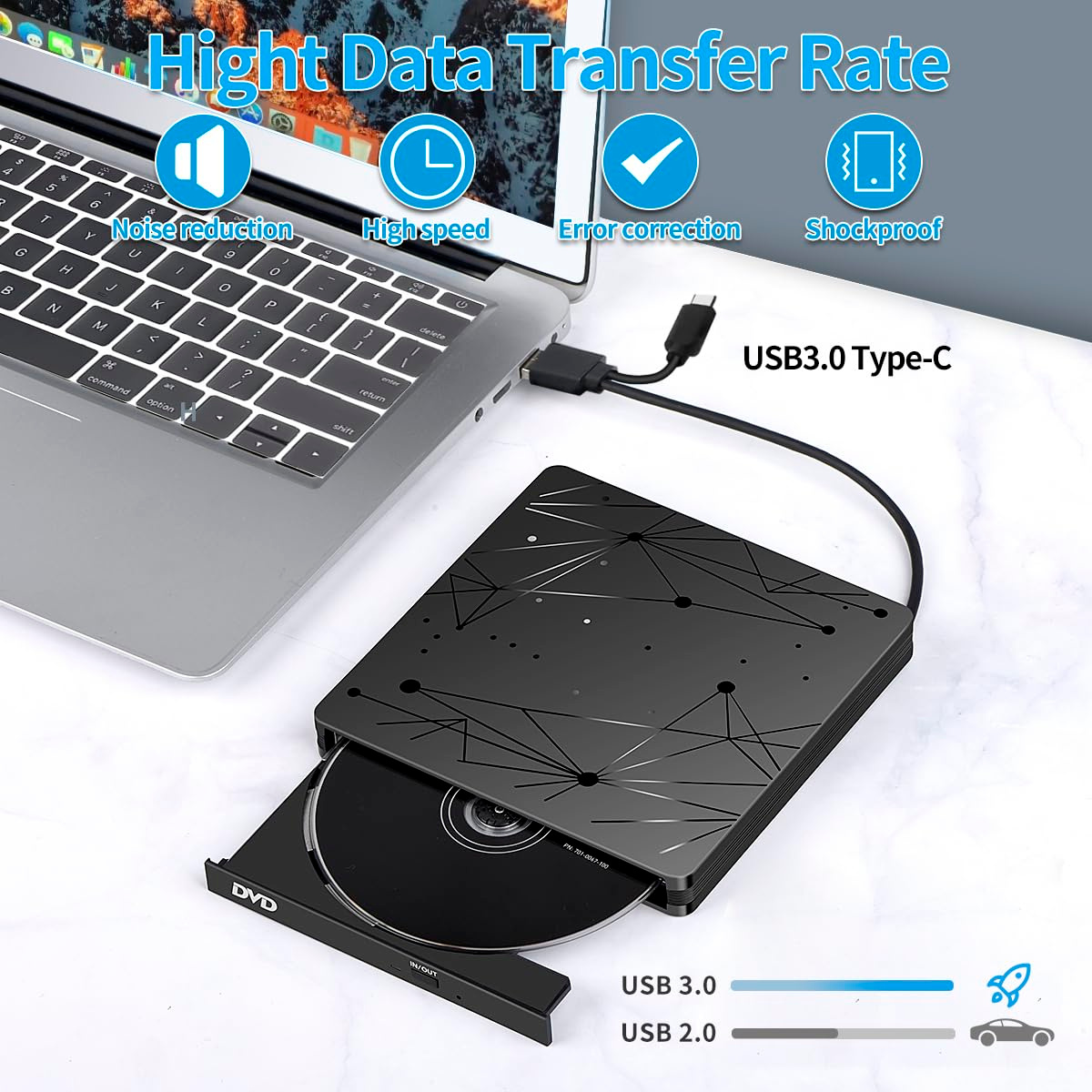 Laptop mit schwarzem externen DVD-Laufwerk verbunden. Text hebt High-Speed-Datenübertragung hervor.