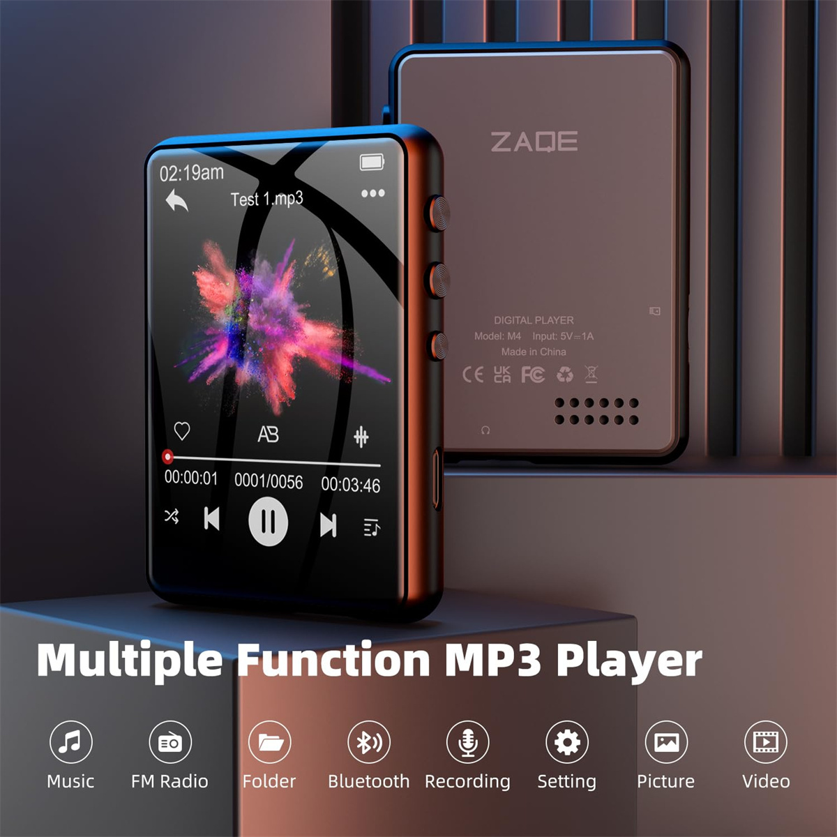 Mehrfunktions-MP3-Player mit Display. Funktionen: Musik, FM-Radio, Ordner und Bluetooth. Dunkler Hintergrund.