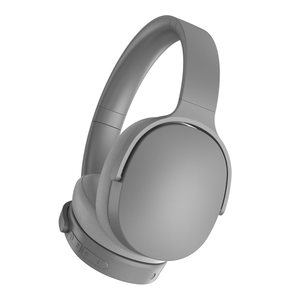 Graue Over-Ear-Kopfhörer. Gepolsterte Ohrmuscheln und Kopfband. Weißer Hintergrund.