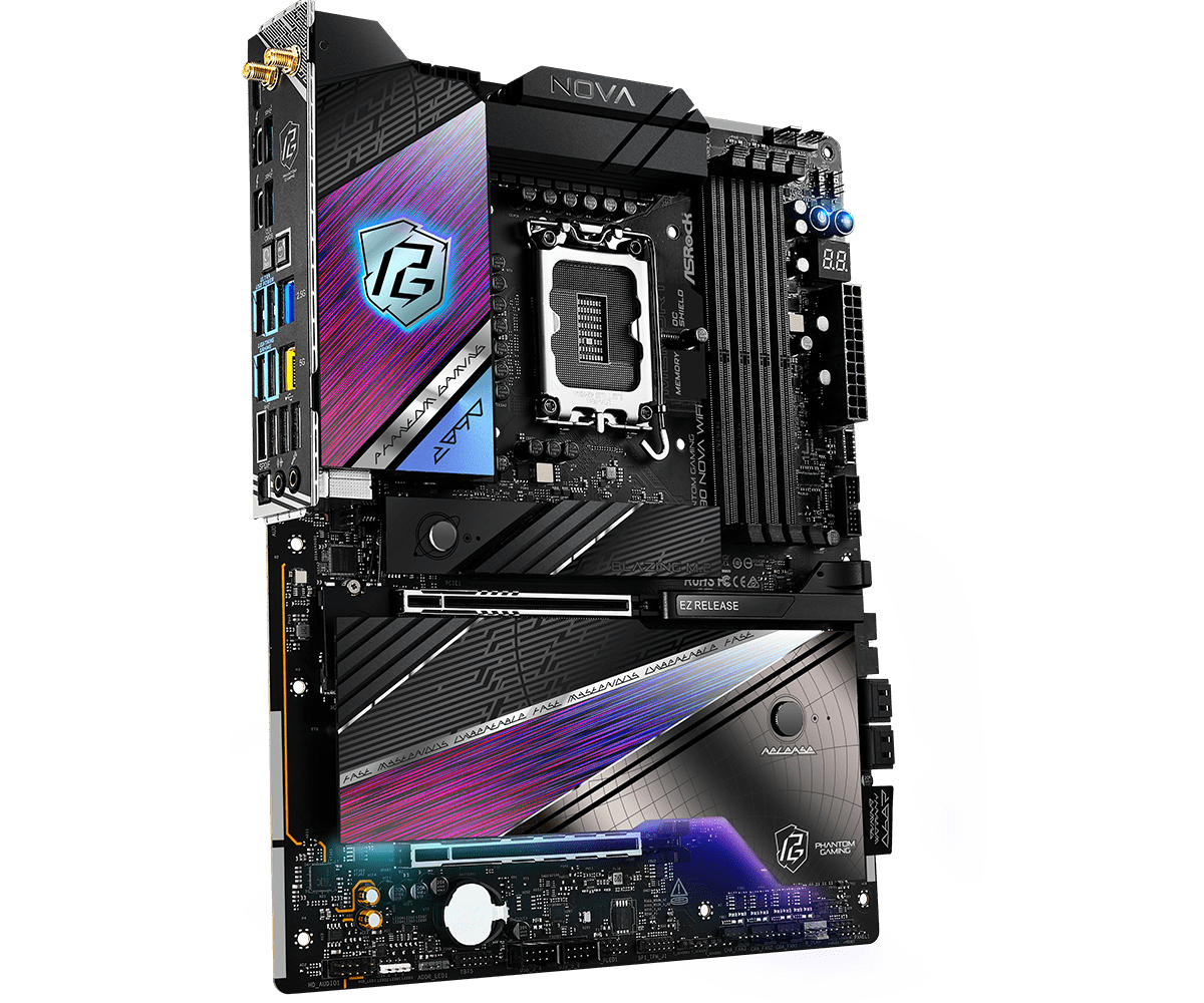 Płyta główna komputera z różnymi portami i kartą graficzną, na białym tle.