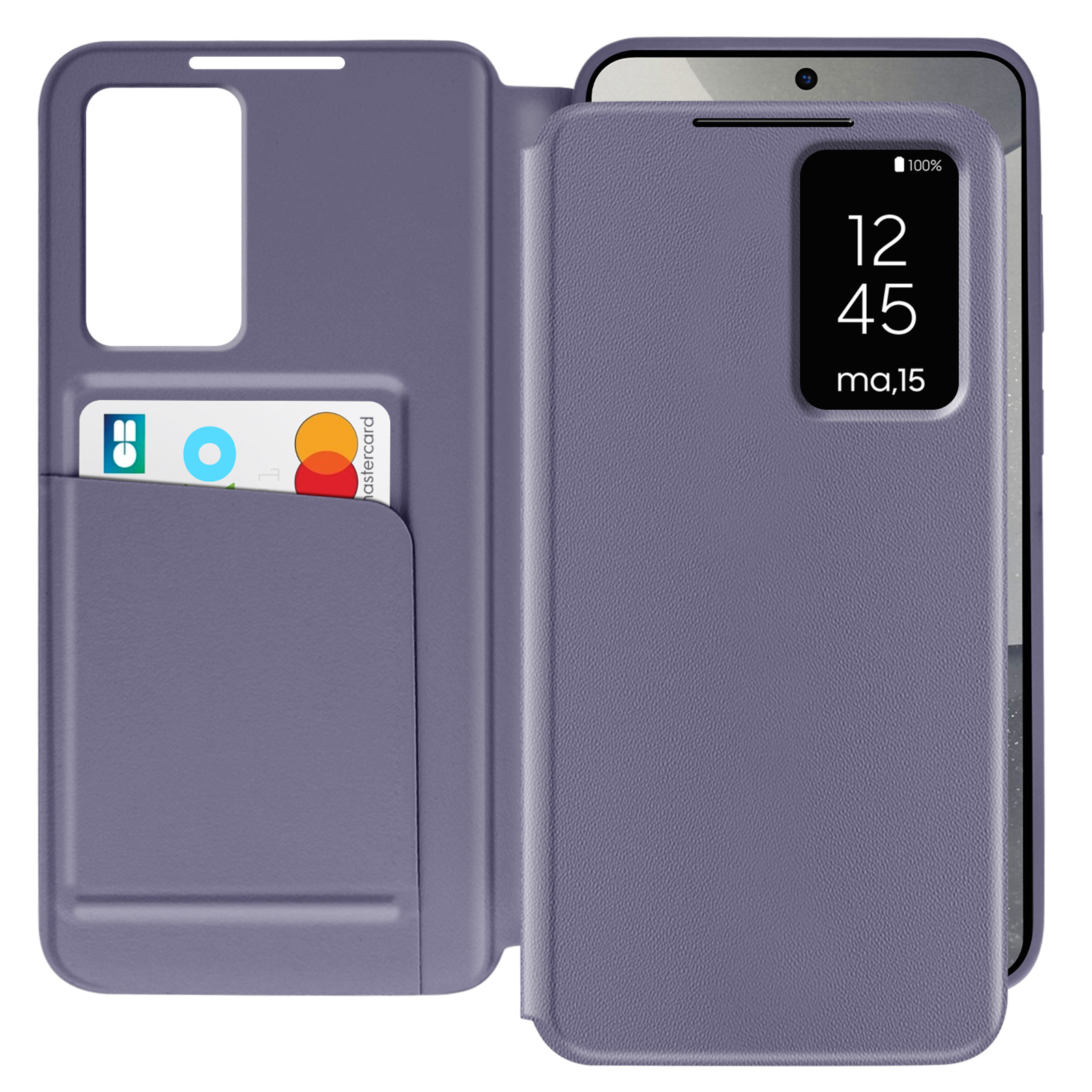 Custodia viola per telefono con slot per schede aperto. Mostra ora e batteria.
