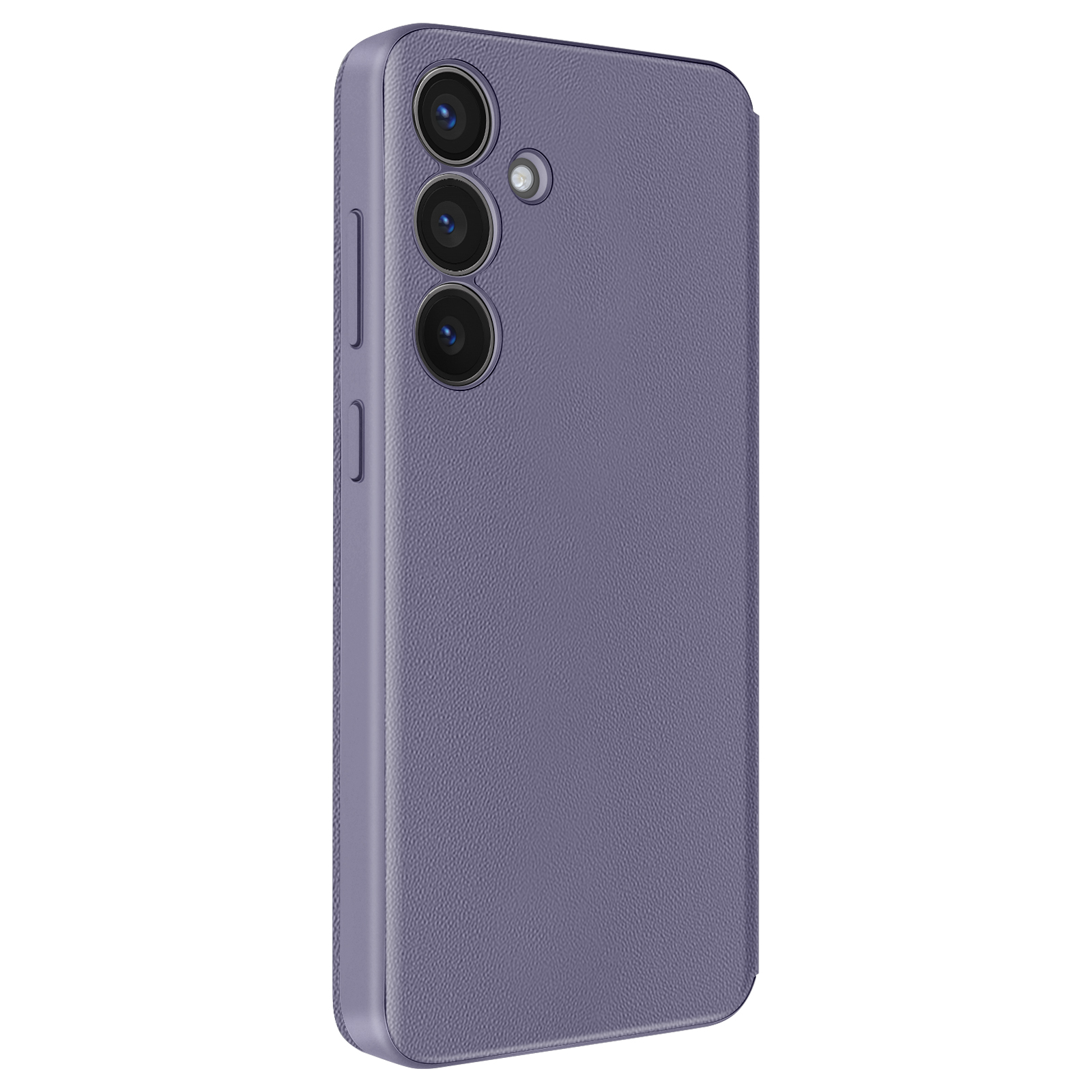 Custodia per telefono viola con tre obiettivi della fotocamera sul retro. La custodia è strutturata.