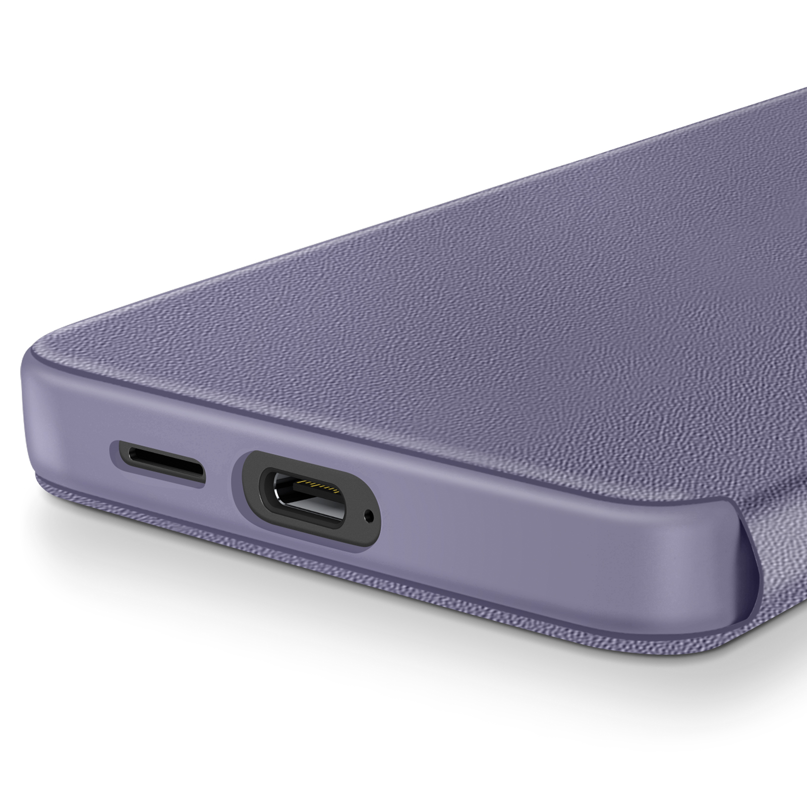 Primo piano di una custodia viola per telefono, con porte visibili sul bordo inferiore.