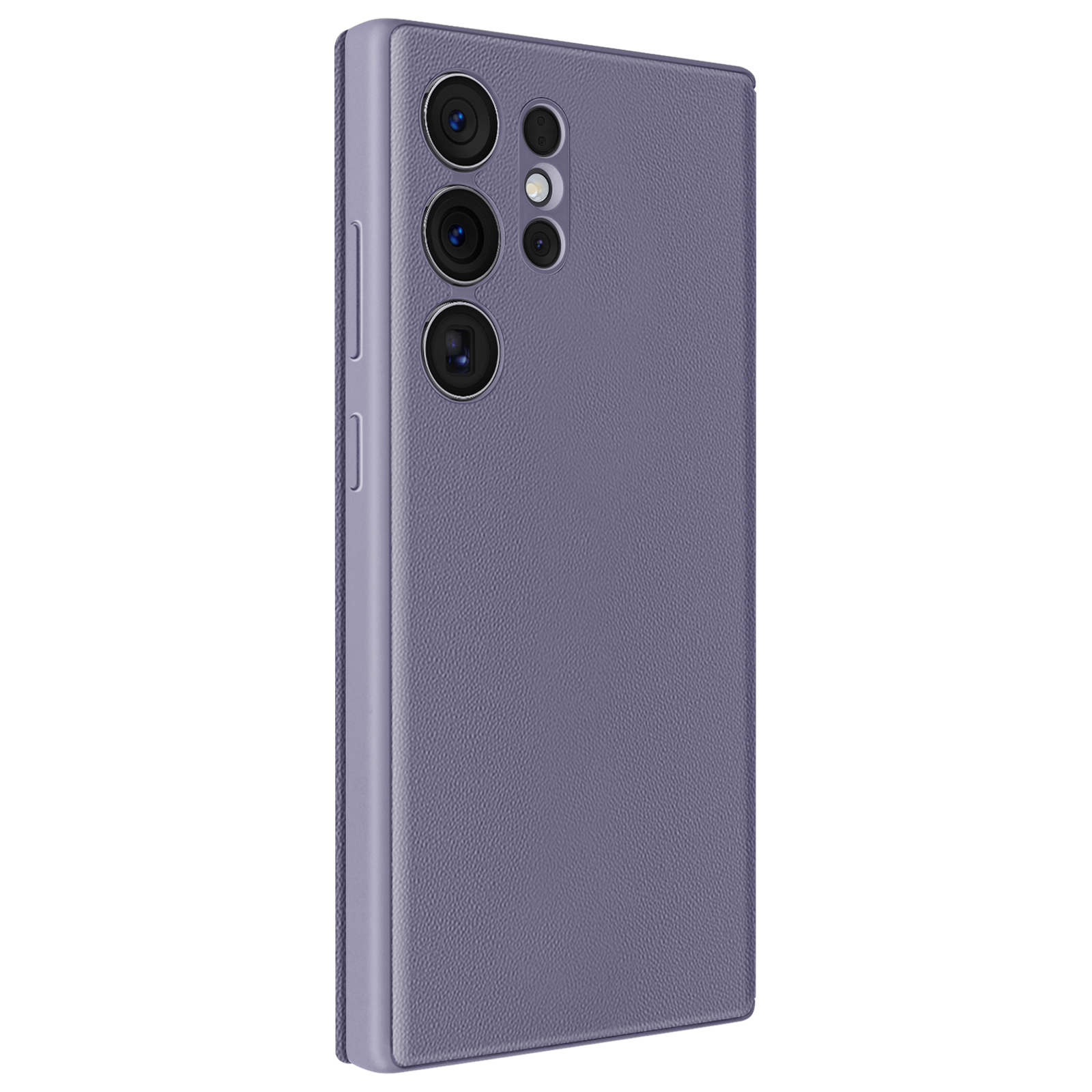 Una custodia per telefono viola con una superficie strutturata, che mostra lenti della fotocamera e pulsanti. La custodia ha un design elegante e moderno.