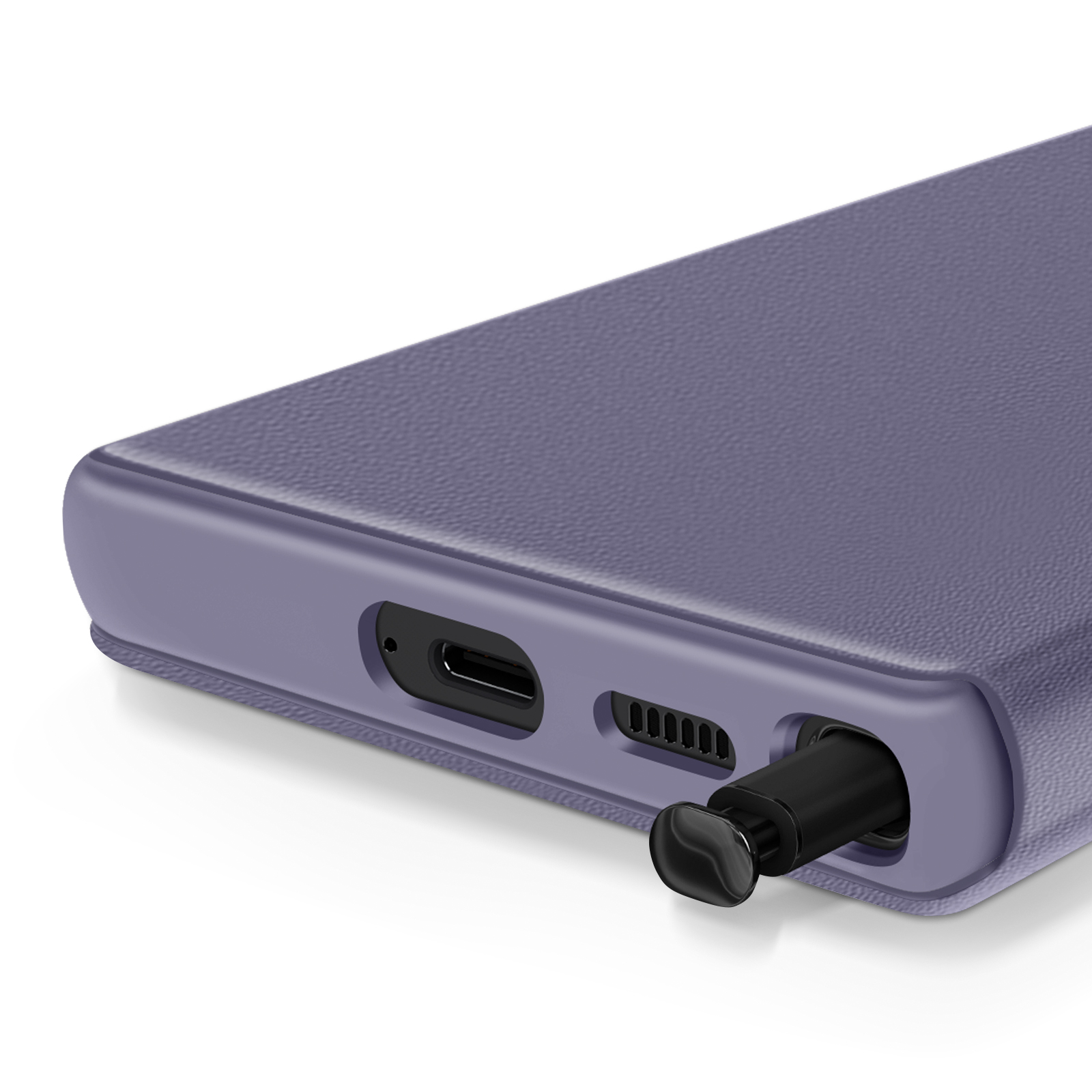 Custodia per telefono viola con stilo. Lo stilo è inserito. Primo piano su sfondo bianco.
