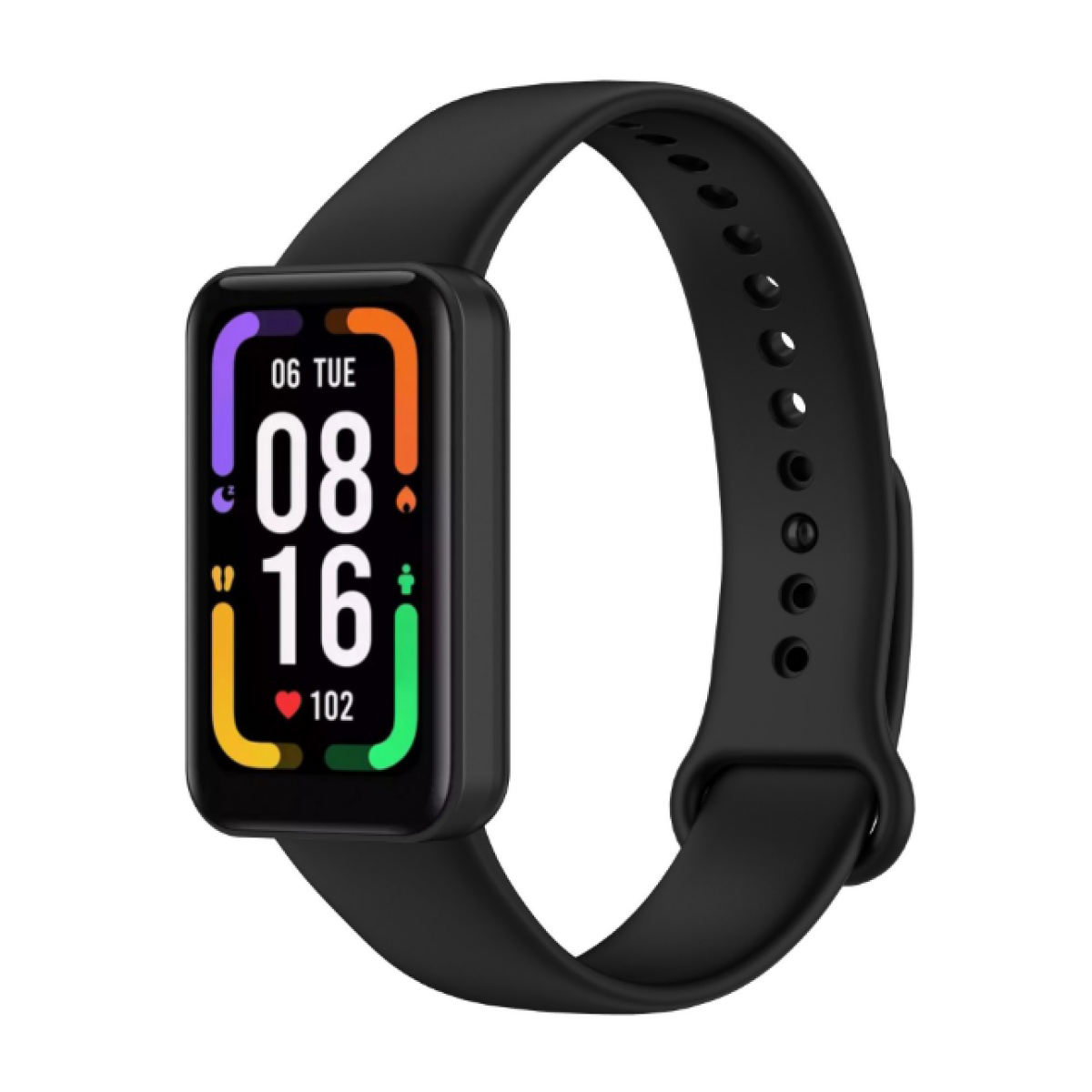 Schwarze Smartwatch mit rechteckigem Bildschirm, der Zeit und Gesundheitsdaten anzeigt.