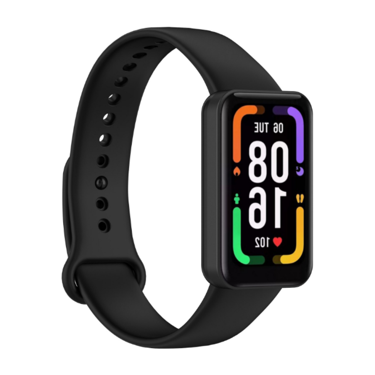 Schwarzer Fitnesstracker mit schwarzem Armband, der Bildschirm zeigt "80" und weitere Infos an.