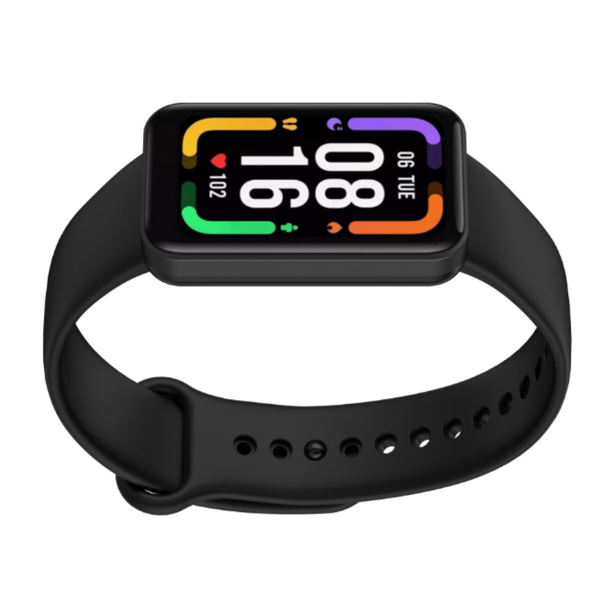 Schwarze Smartwatch an schwarzem Armband. Zeigt Zeit und andere Informationen auf farbigem Bildschirm.