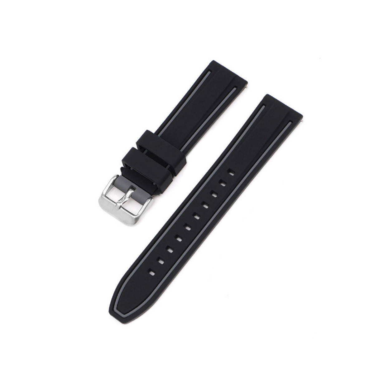 Zwei schwarze Uhrenarmbänder mit einer silbernen Schnalle. Die Armbänder haben einen grauen Streifen und Löcher zur Anpassung.