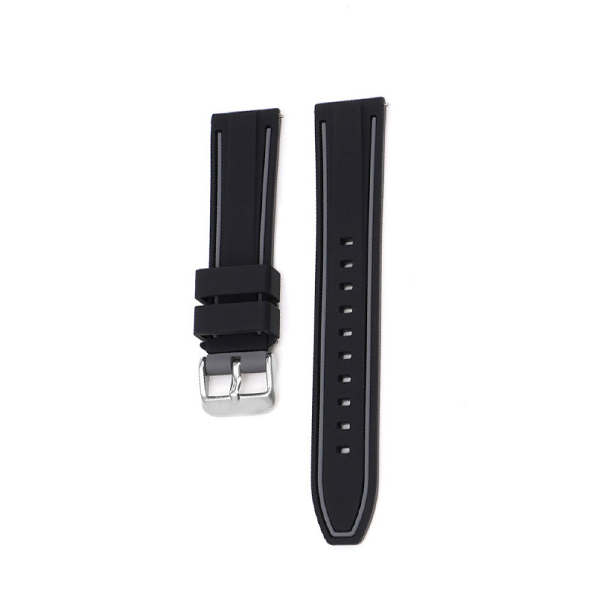 Zwei schwarze Uhrenarmbänder, eines mit Schnalle, liegen vor weißem Hintergrund.
