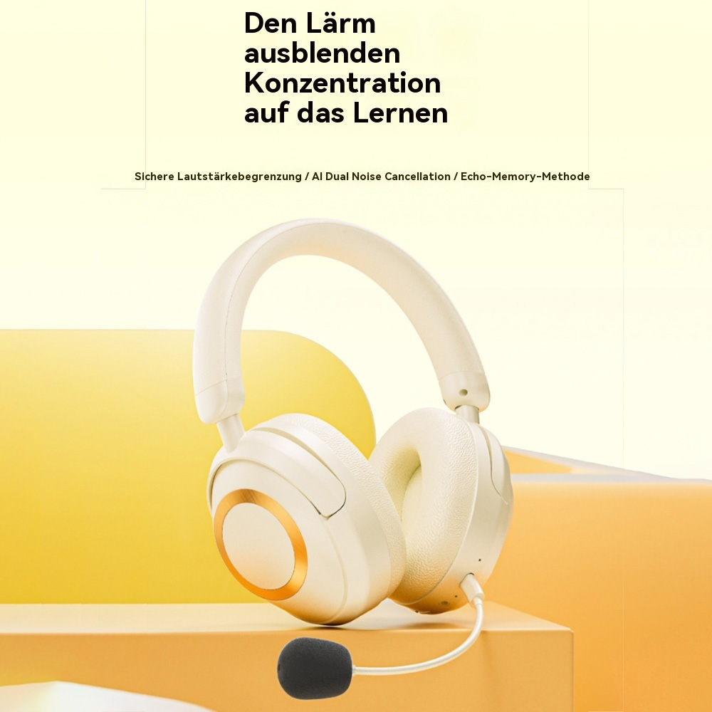 Ein beiges Kopfhörerpaar mit Mikrofon, mit Text und gelbem Hintergrund.
