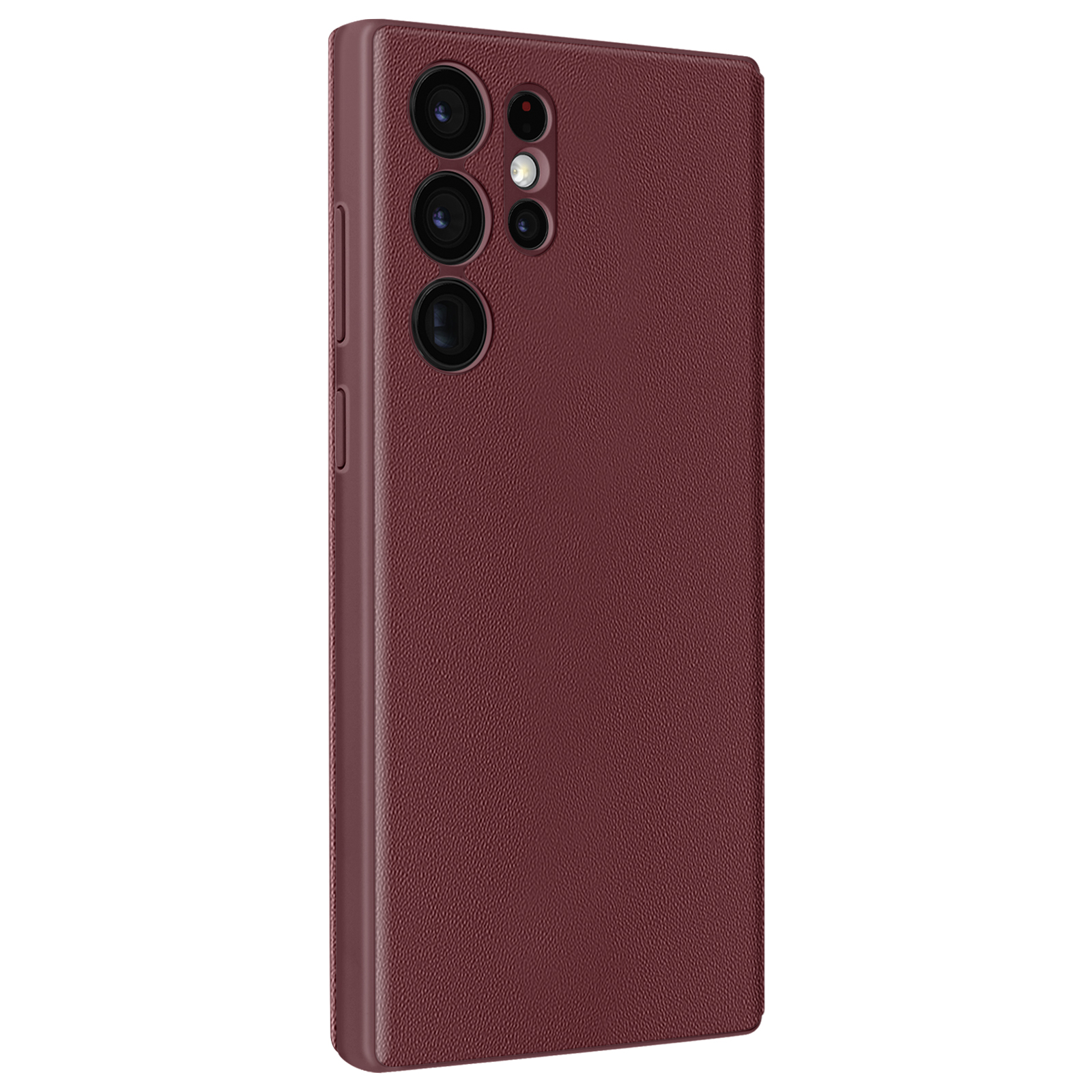 Custodia bordeaux per telefono con ritagli per fotocamera, design elegante e colore bordeaux.