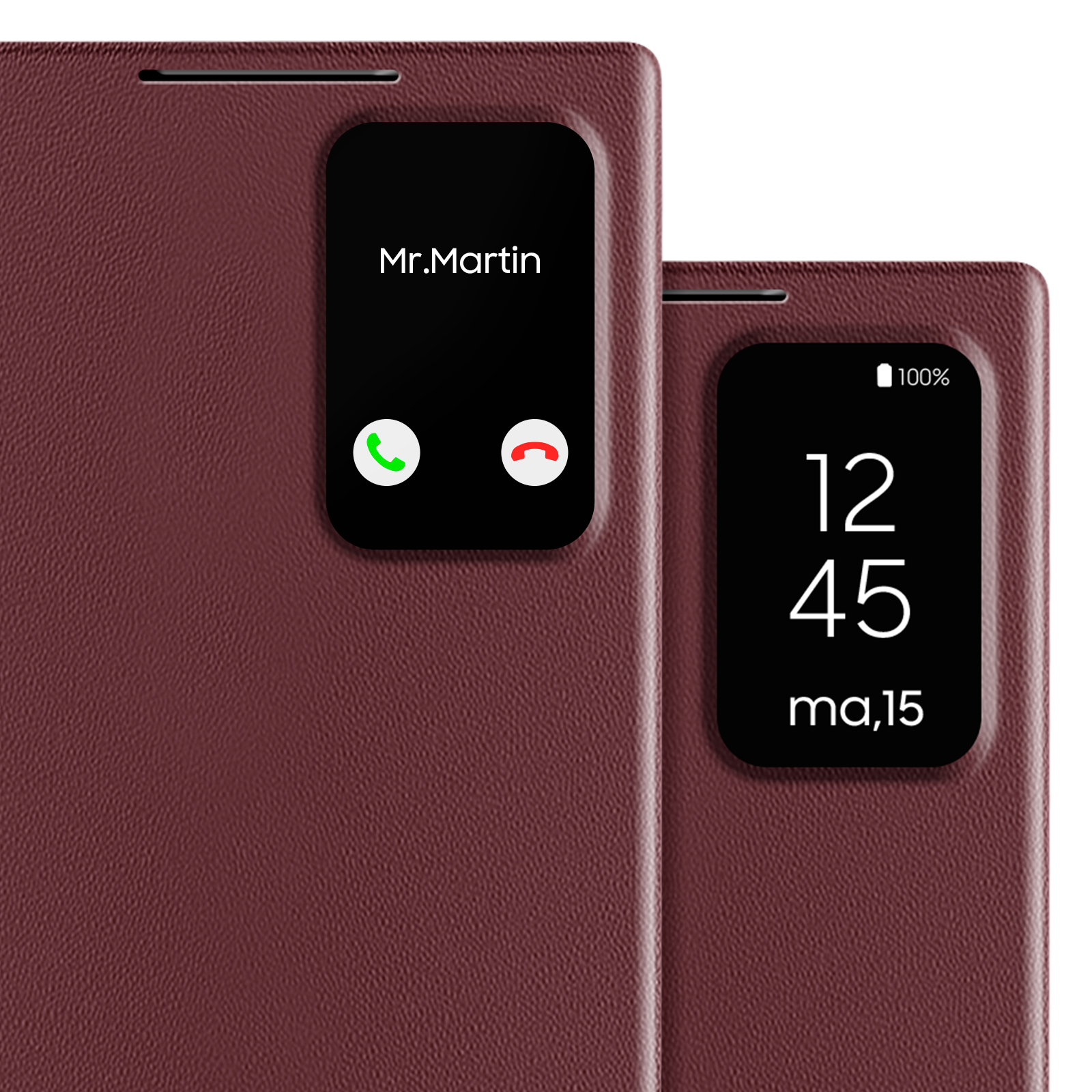 Custodia per telefono bordeaux con schermo che mostra una chiamata, il nome del chiamante e l'ora. Sfondo bianco.