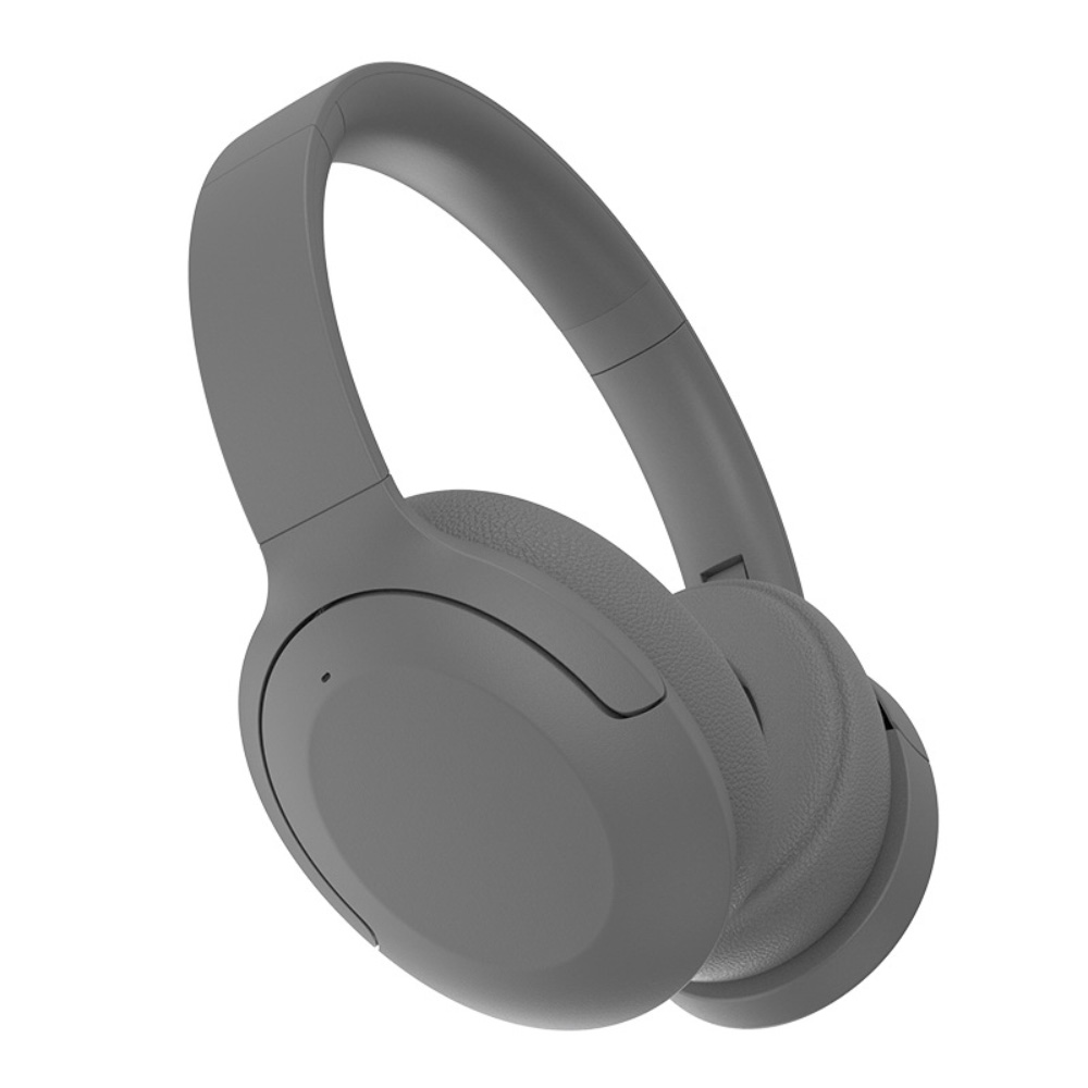Graue Kopfhörer. Die Kopfhörer haben ein gepolstertes Kopfband und Ohrmuscheln auf weißem Hintergrund.
