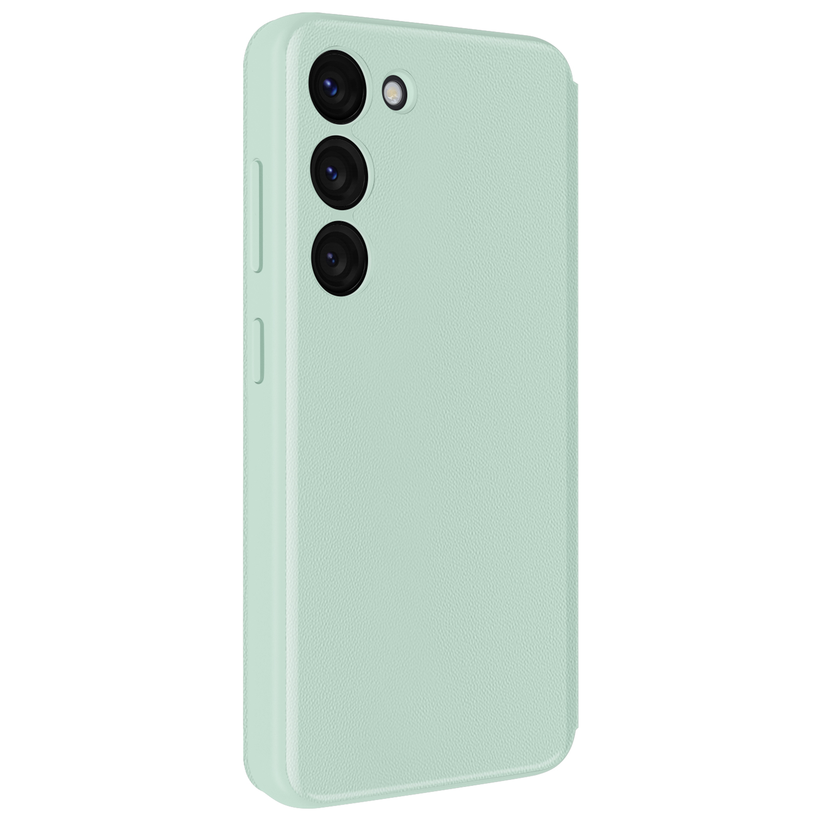 Una custodia per telefono verde chiaro con tre lenti della fotocamera.