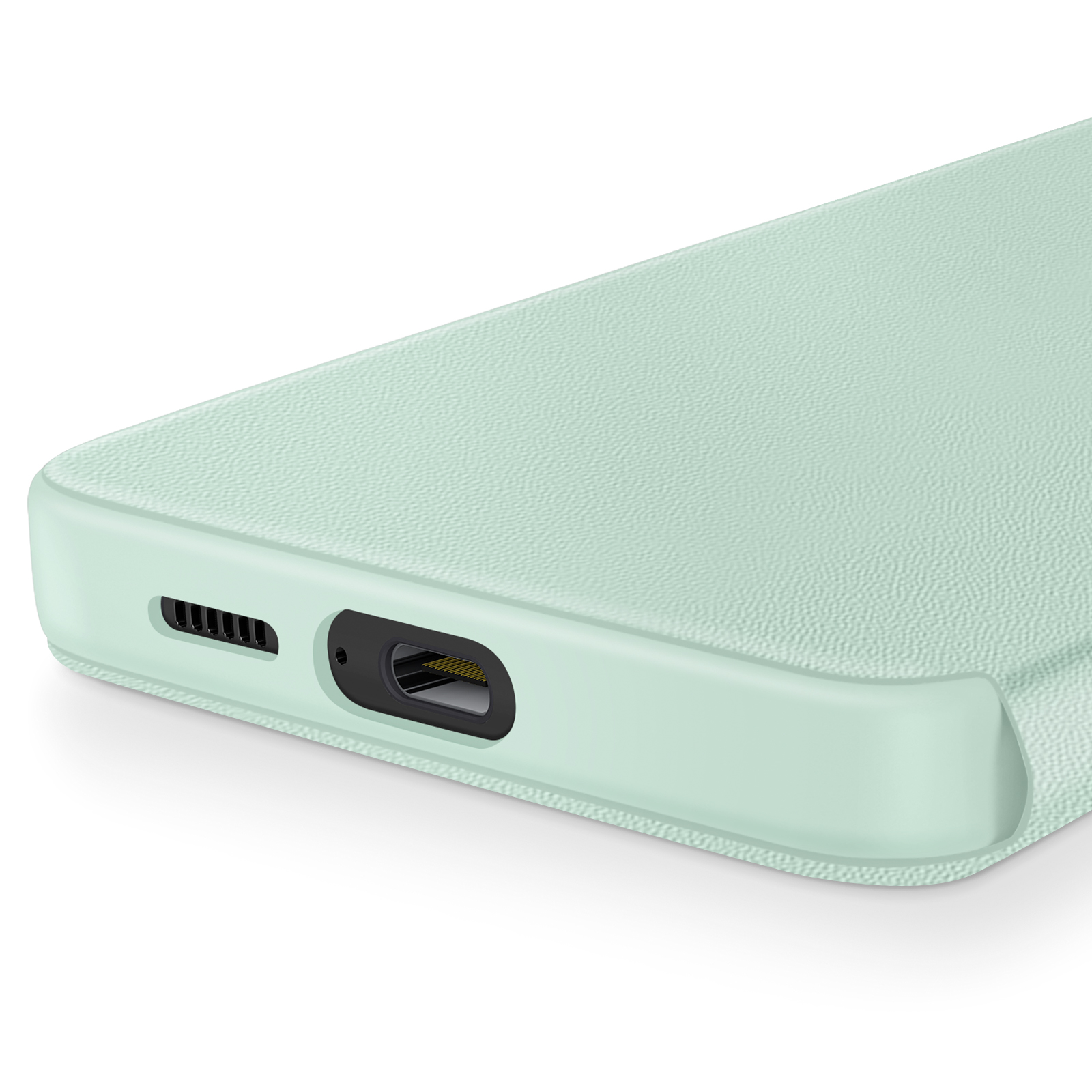 Primo piano di una custodia per telefono color menta, che mostra porte e texture.