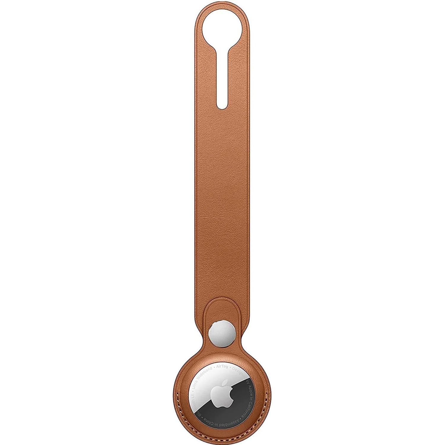 Ein brauner Leder-Apple AirTag-Halter. Oben eine Schlaufe, unten ein runder Halter.