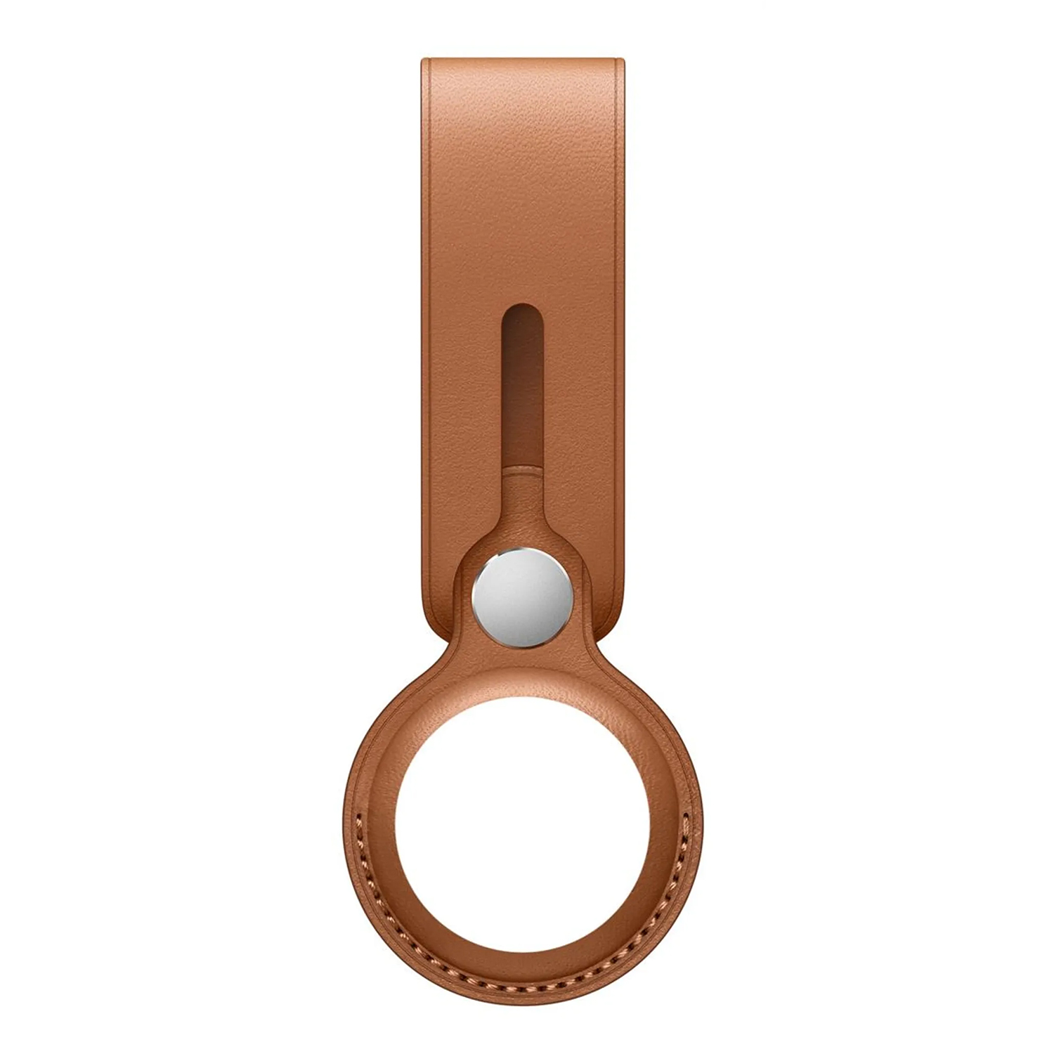Ein brauner Leder-AirTag-Halter mit Metallknopf und Schlaufe zum Befestigen an Gegenständen.