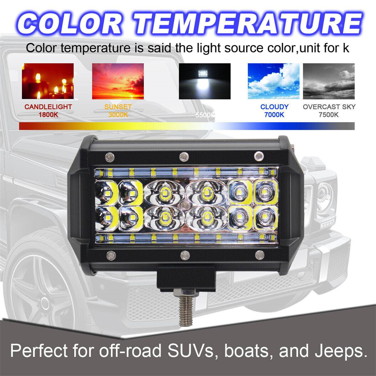 Eine schwarze LED-Lichtleiste mit Farbtemperaturbeispielen, perfekt für Geländewagen, Boote und Jeeps.