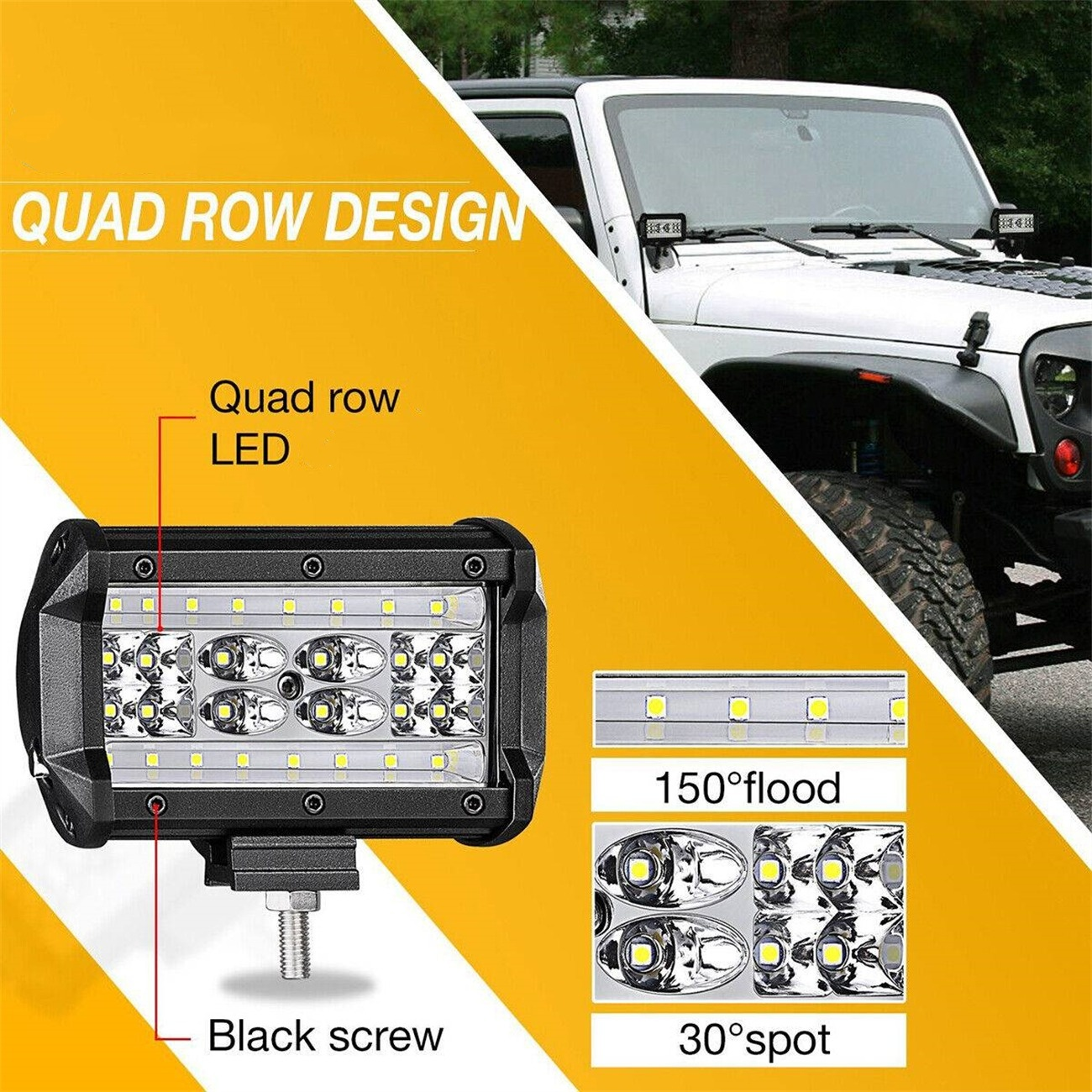 Quad-Row-LED-Leuchte mit schwarzer Schraube. Im Hintergrund ein weißer Jeep.
