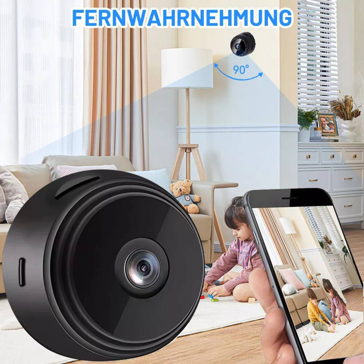 Schwarze Überwachungskamera auf Wohnzimmer gerichtet. Kind spielt, Ansicht auf Smartphone.