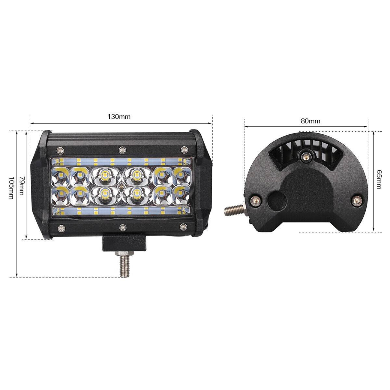 Rechteckige LED-Lichtleiste. Abmessungen gezeigt. Seitenansicht der Rückseite mit Lamellen.