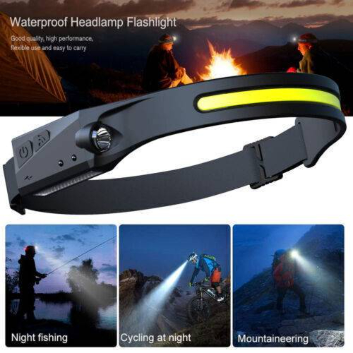 Stirnlampe mit gelbem Band. Drei Bilder zeigen Nachtangeln, Radfahren und Bergsteigen.
