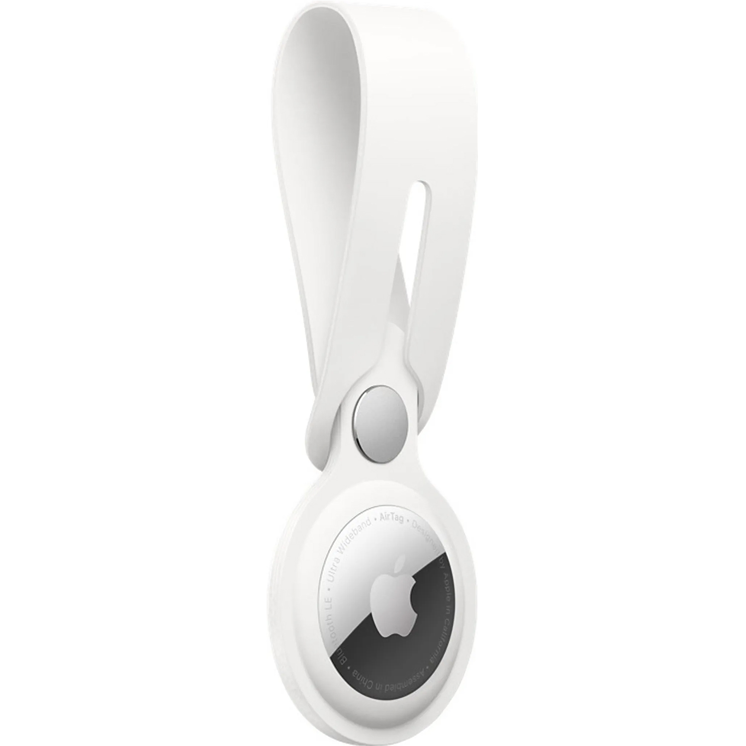 Weißes Apple AirTag mit weißer Schlaufe. Das Tag hat das Apple-Logo.