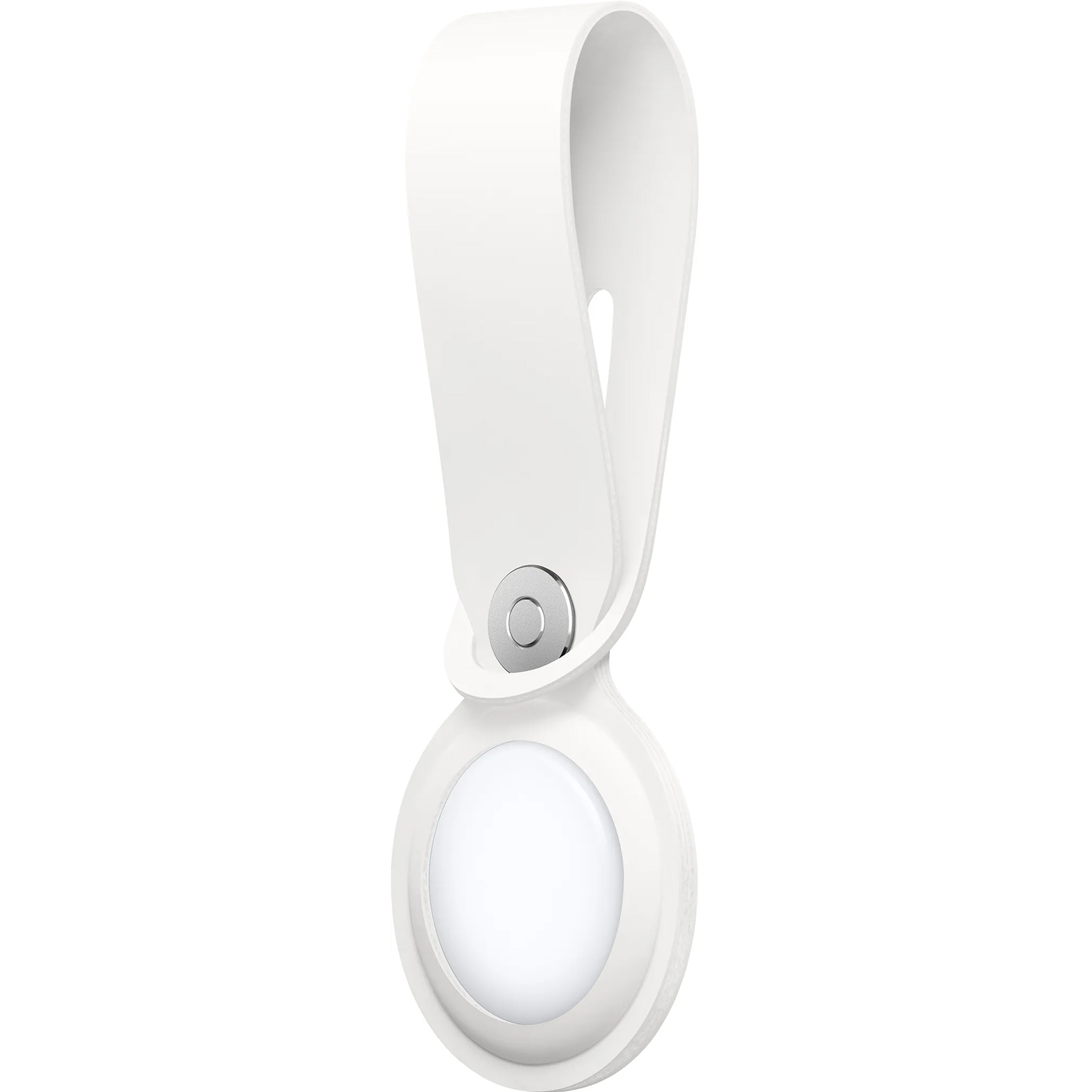 Ein weißer, kreisförmiger Apple AirTag-Halter mit einem weißen Tag darin.