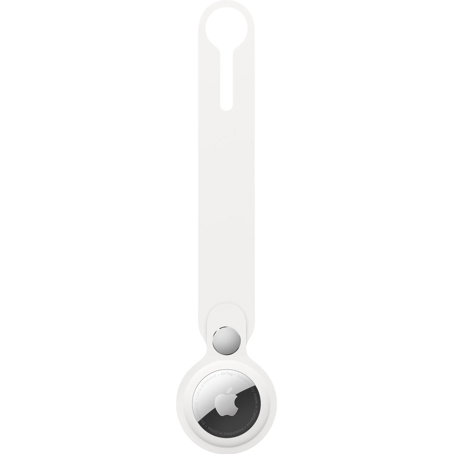 Weißes Apple AirTag mit weißem Riemen, kreisförmiges Design, silbernes Logo und schwarze Details.