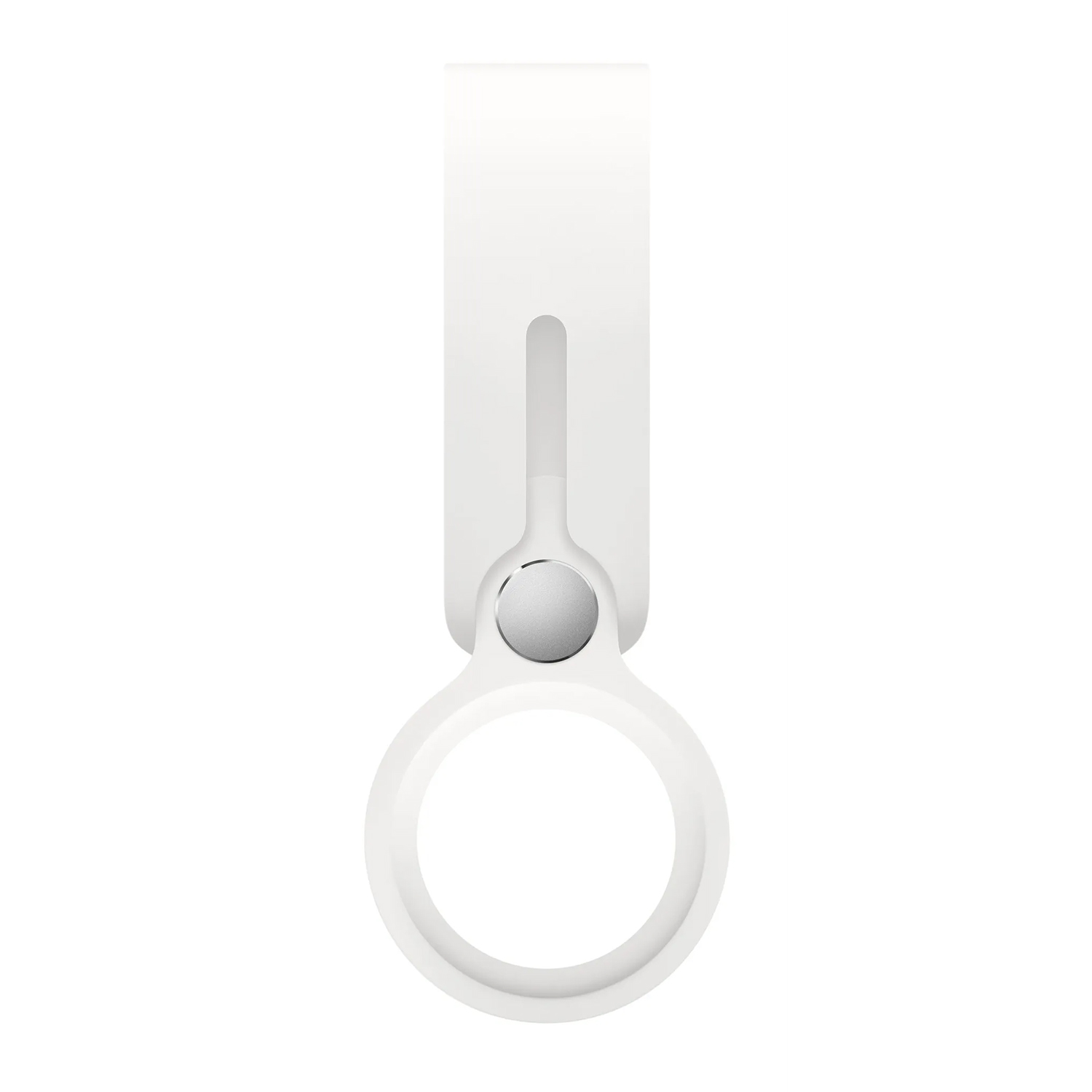 Weißes Apple AirTag mit weißem Band. Weißer Hintergrund.
