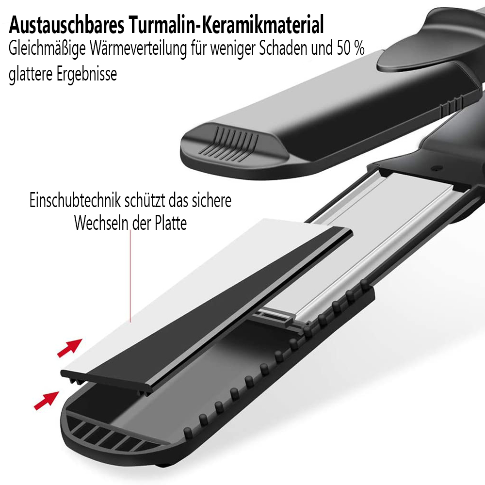 Haarglätter mit abnehmbarer Platte. Eine Nahaufnahme zeigt die Platte und das Heizelement.