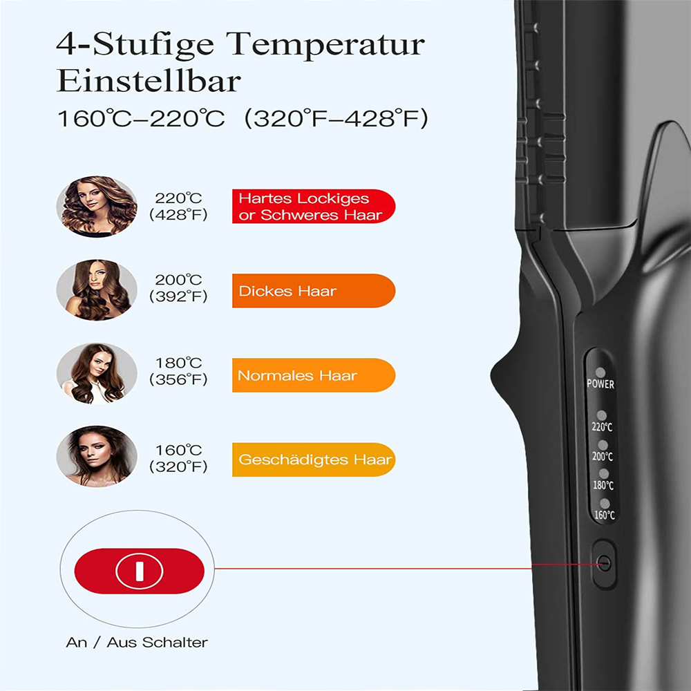 Haarstylinggerät mit Temperatureinstellungen für verschiedene Haartypen, von geschädigt bis hart.
