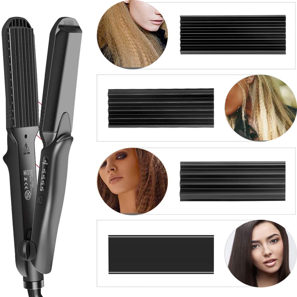 Schwarzer Haarcrimper mit mehreren Ansichten von gecrimpten Frisuren und einem Frauengesicht.