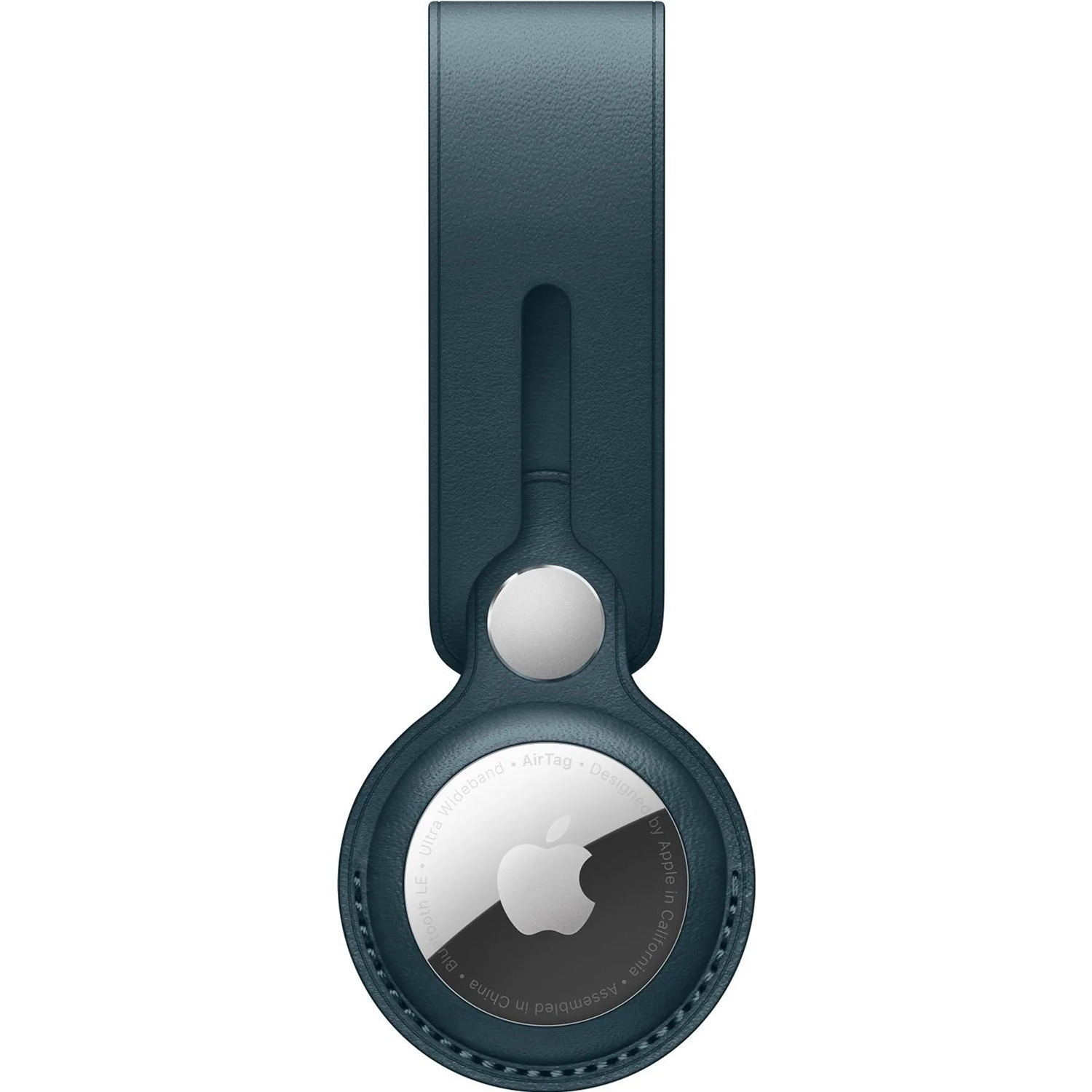 Ein blaues Apple AirTag-Gerät mit Lederriemen.