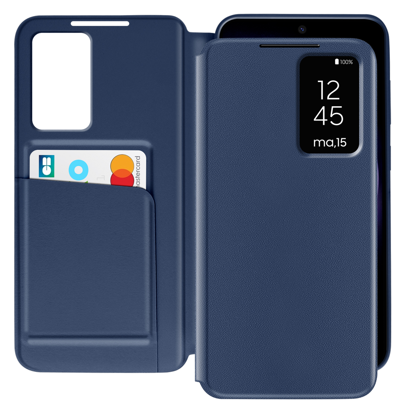 Custodia blu per telefono con slot per carte e coprischermo, mostra ora e data. Sfondo bianco.
