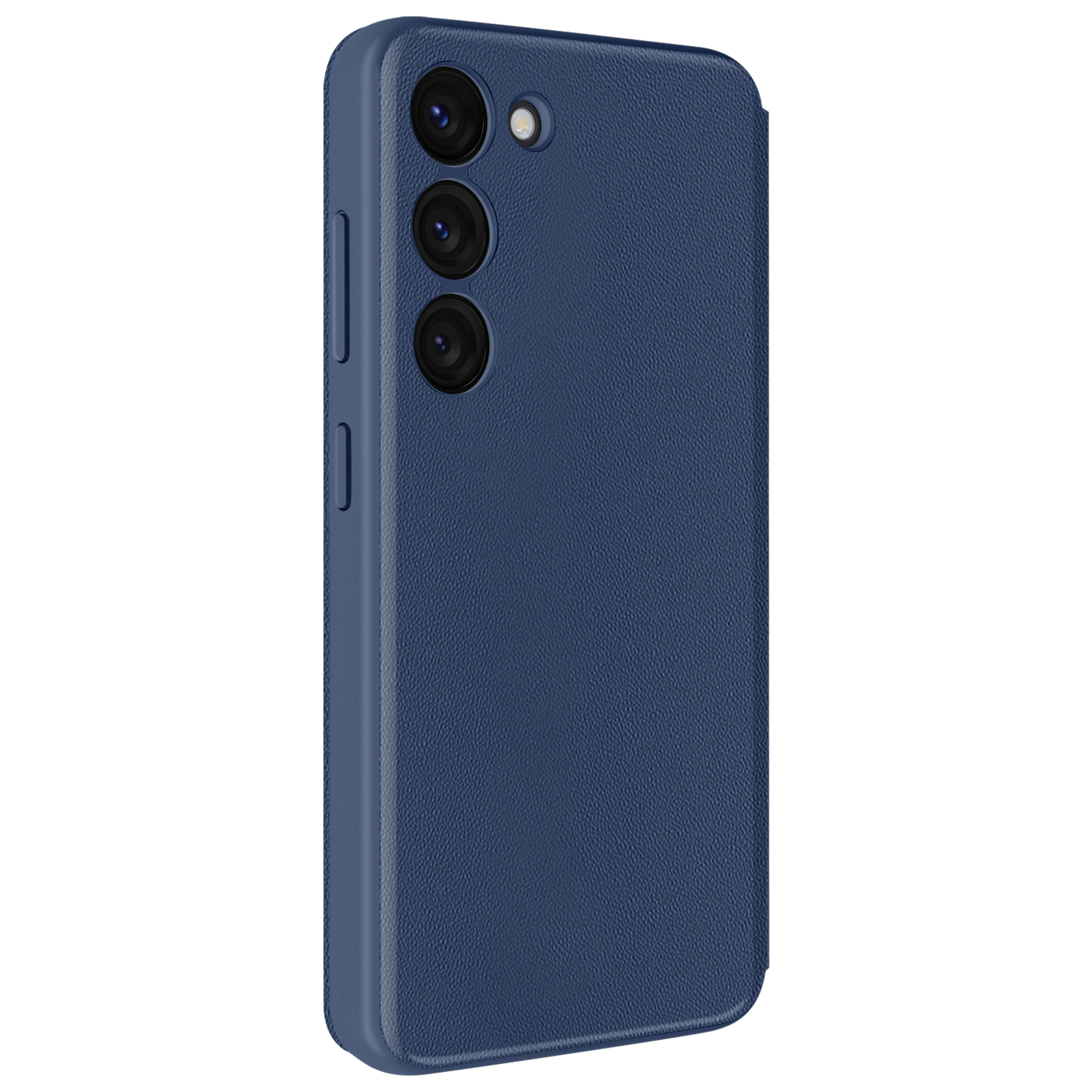 Custodia blu per telefono con tre obiettivi della fotocamera sul retro.
