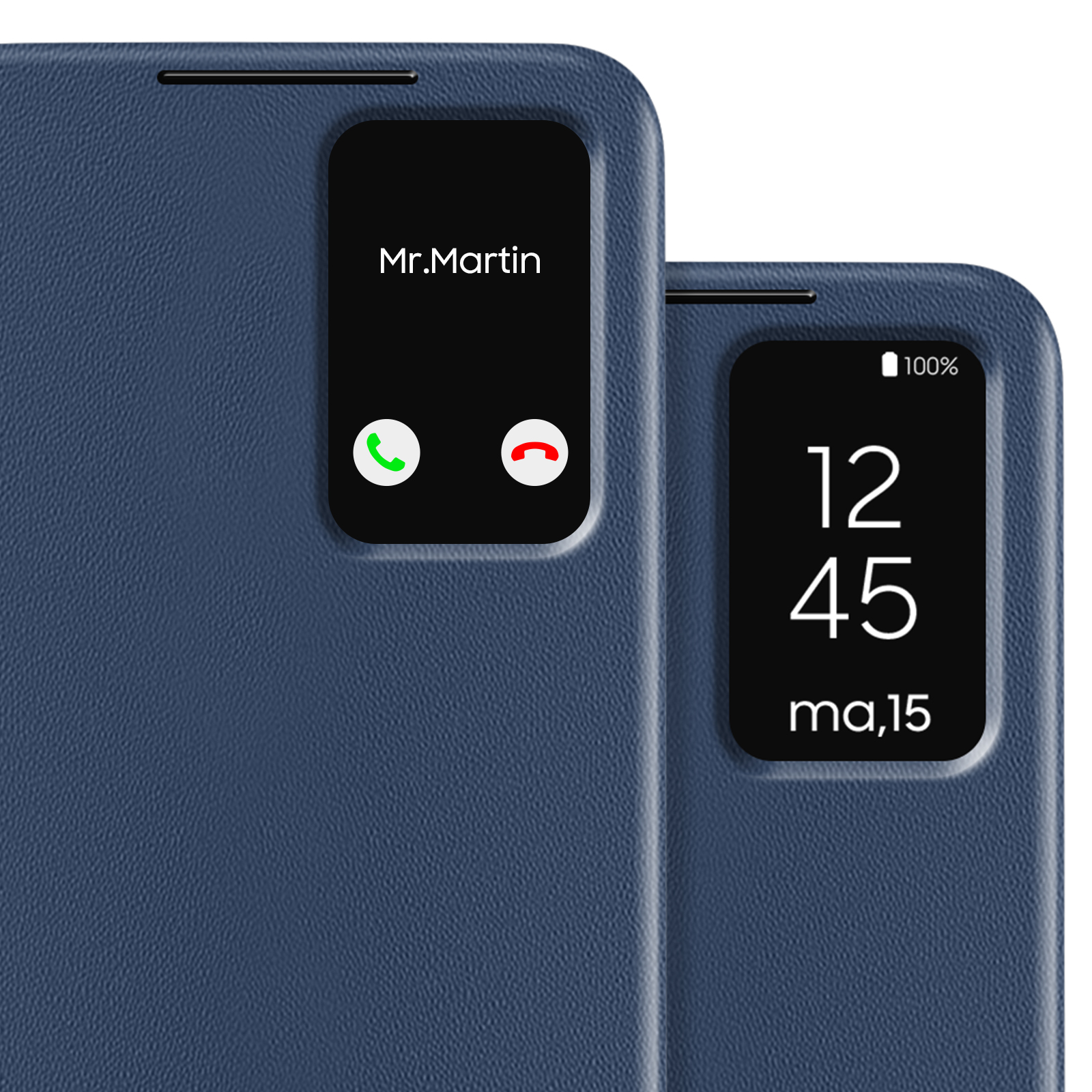 Una custodia blu per telefono con una finestra che mostra un'interfaccia di chiamata e un display dell'ora.