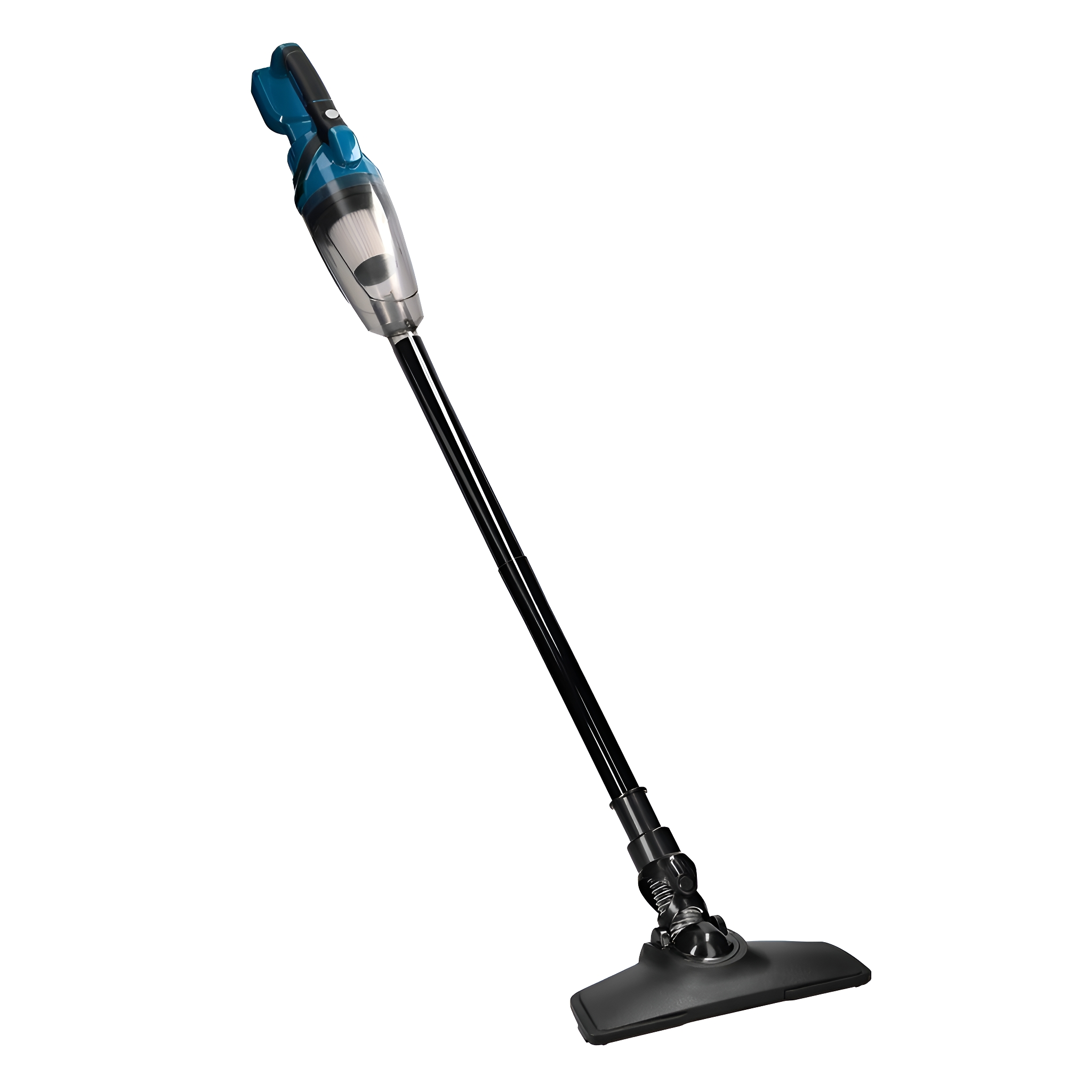 Ein schnurloser Staubsauger in Schwarz und Blau auf weißem Hintergrund.