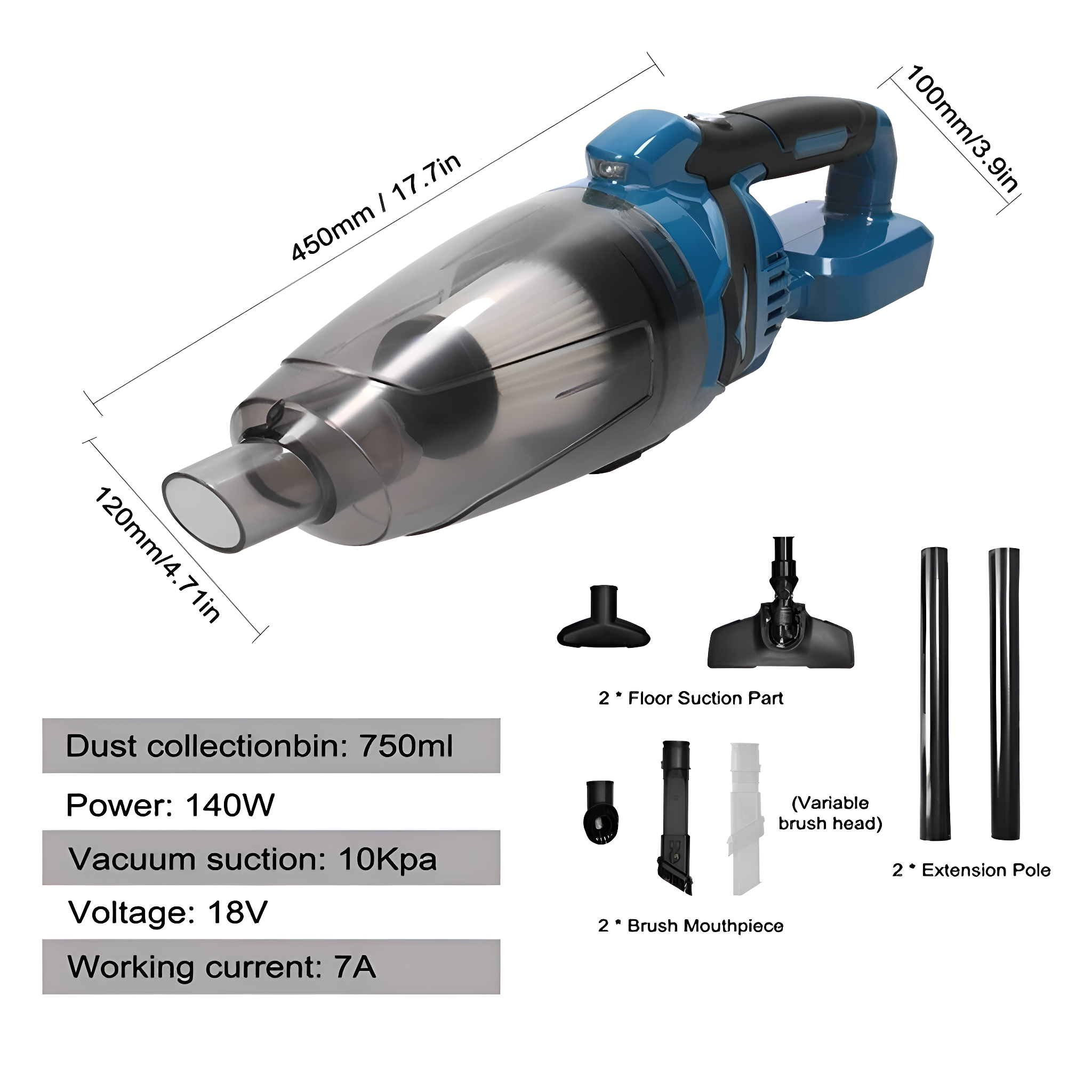 Blau-schwarzer Staubsauger mit Abmessungen und Funktionen wie Staubaufnahme und Leistung.