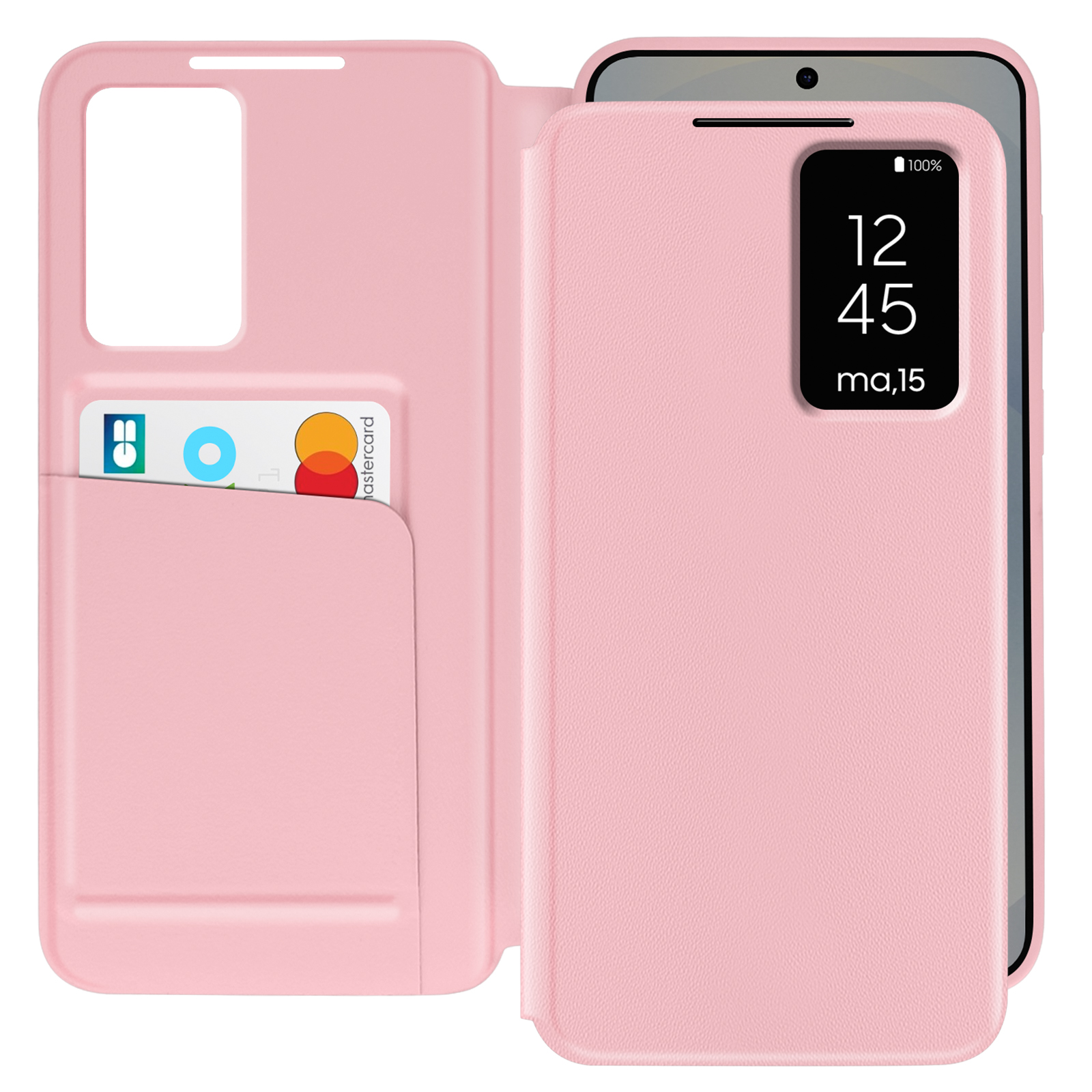 Una custodia per telefono rosa con slot per carte e un display dell'orologio. Sfondo bianco.