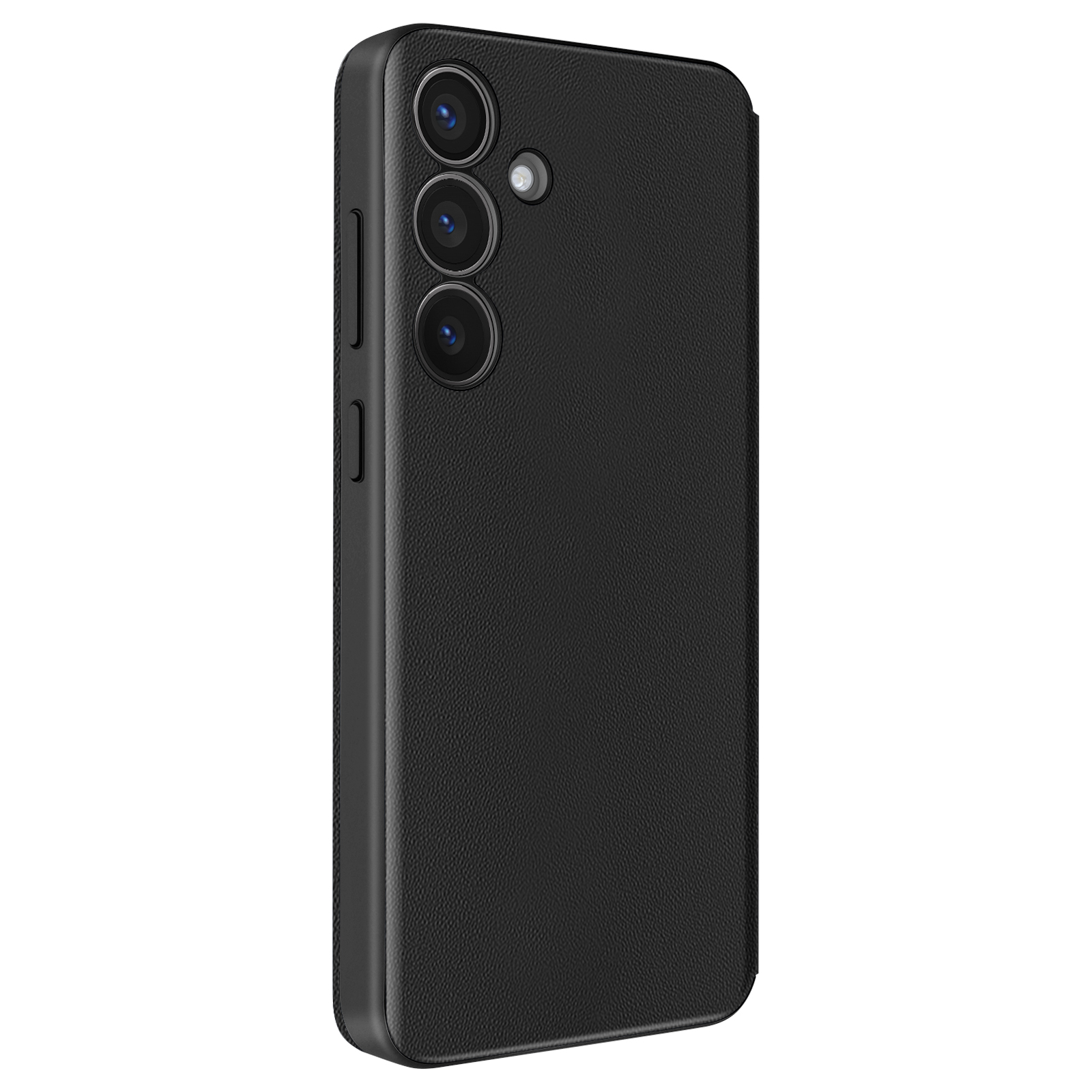 Una custodia per telefono nera con tre lenti della fotocamera sul retro.