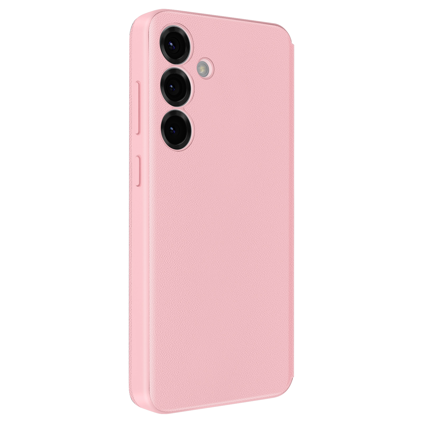 Custodia per telefono rosa con tre obiettivi della fotocamera e un flash. La custodia ha una superficie strutturata.