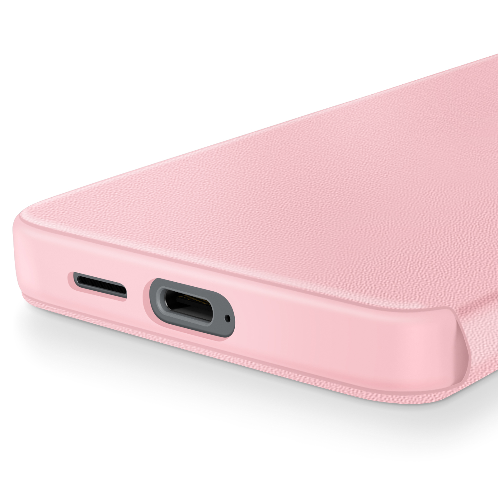 Primo piano di una custodia rosa per telefono con porta di ricarica e dettagli dei pulsanti.